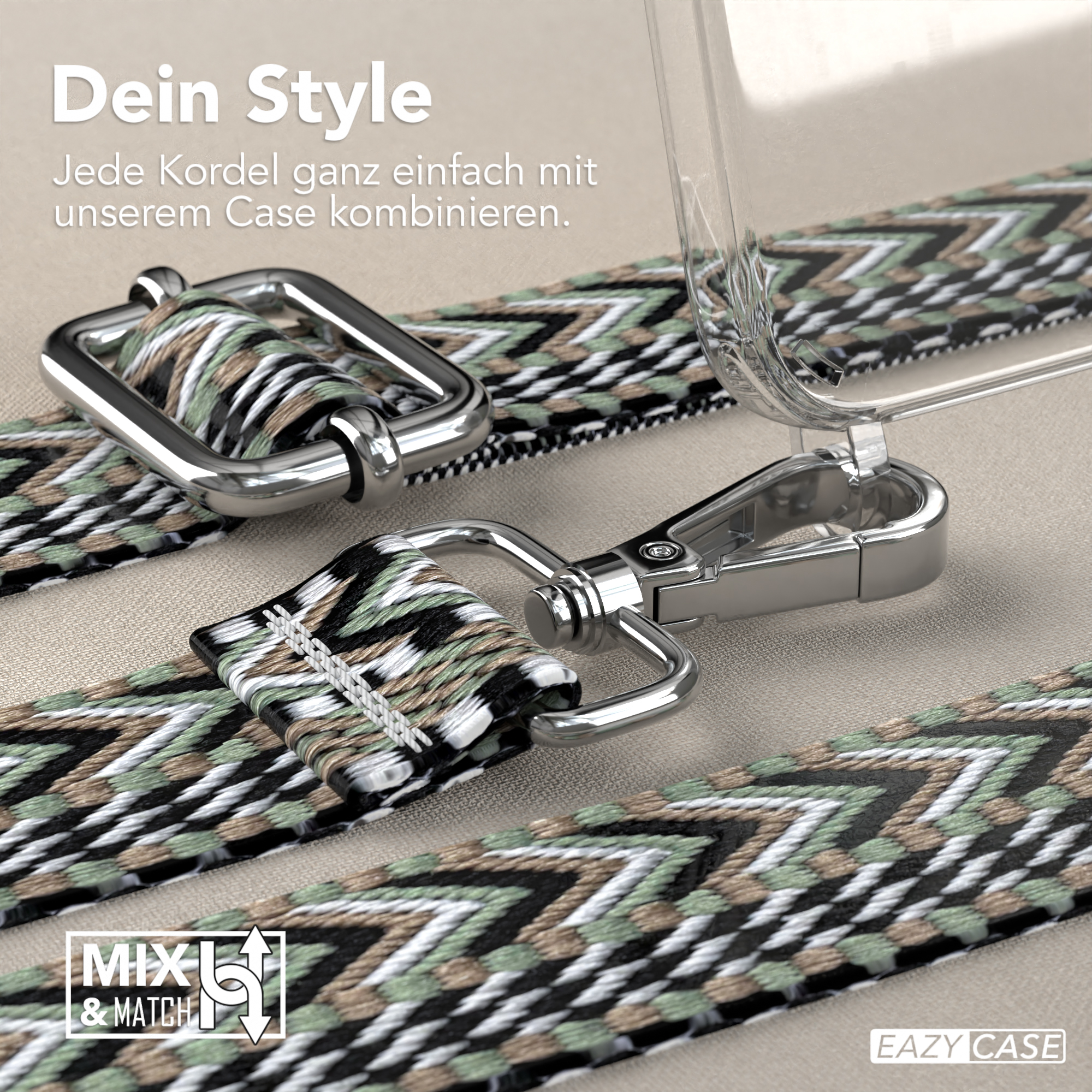 Eine Handyhülle mit Band. Das Band hat ein schwarz-grünes Muster.