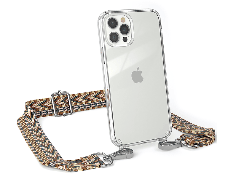EAZY CASE Transparente Handyhülle Style, iPhone 12 mit Kordel Braun Boho Umhängetasche, / 12 Mix Apple, Pro
