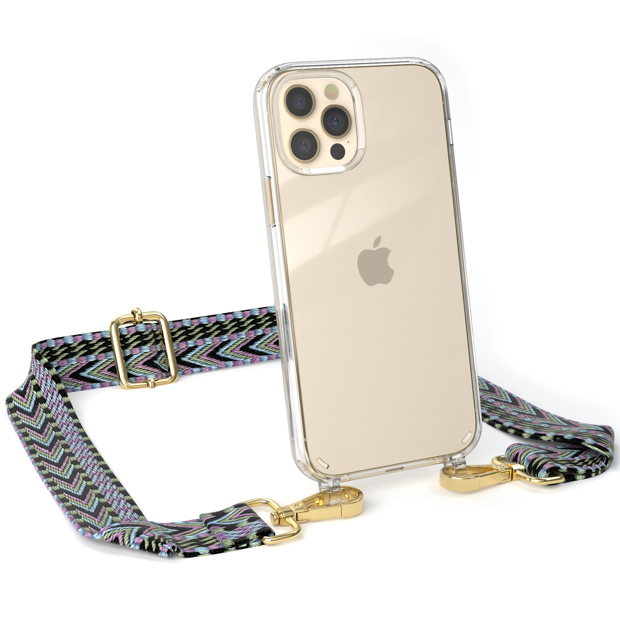 Handyhülle mit buntem Armband. Das Telefon hat eine transparente Hülle und einen goldenen Rahmen.