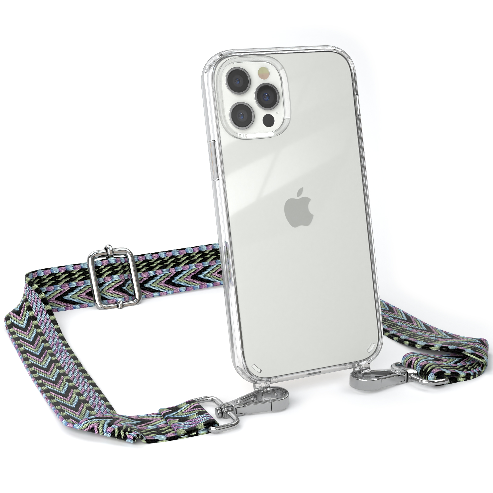 Transparente Handyhülle mit buntem Riemen und silbernen Verschlüssen.