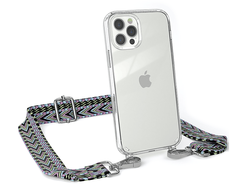 EAZY CASE Transparente Handyhülle mit Kordel Boho Style, Umhängetasche, Apple, iPhone 12 / 12 Pro, Violett / Grün