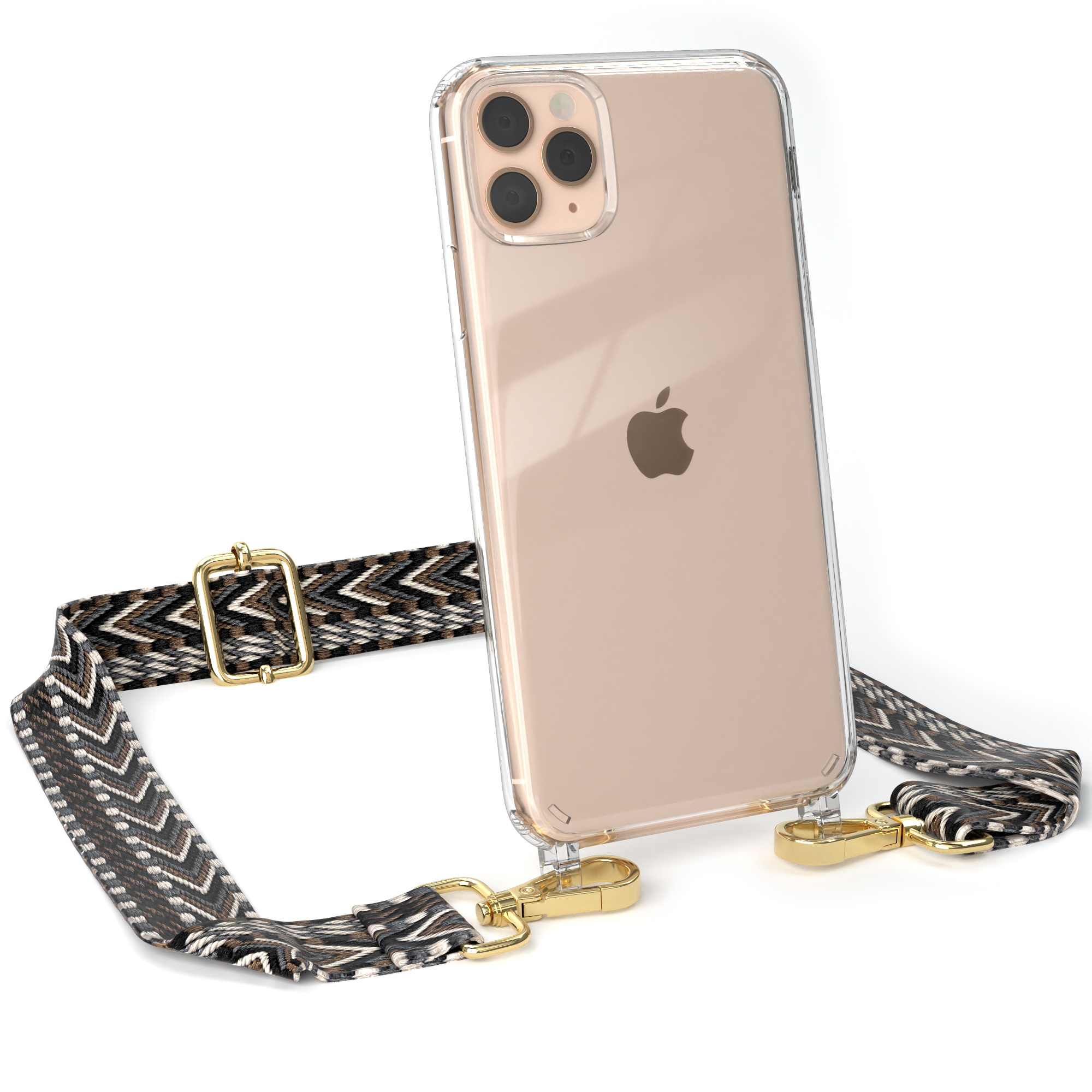 Ein iPhone in einer durchsichtigen Hülle mit einem Riemen. Der Riemen hat ein Muster. Goldene Haken verbinden den Riemen mit der Hülle.