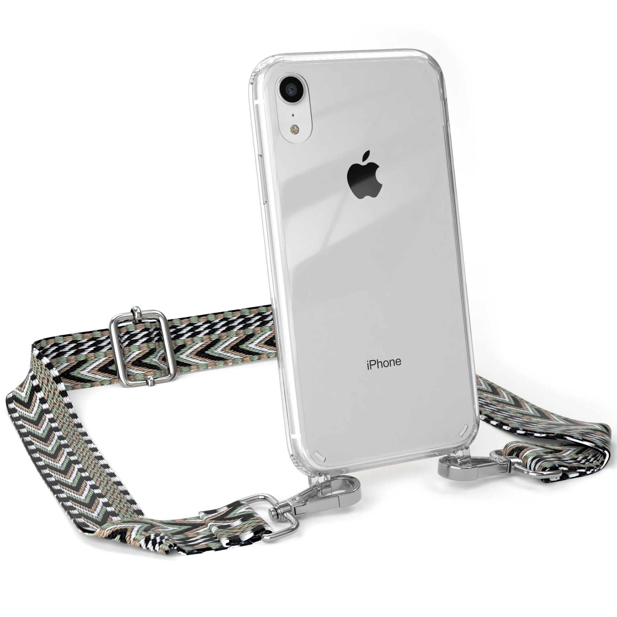 Eine transparente Handyhülle mit einem grünen und schwarzen Riemen und einem iPhone.