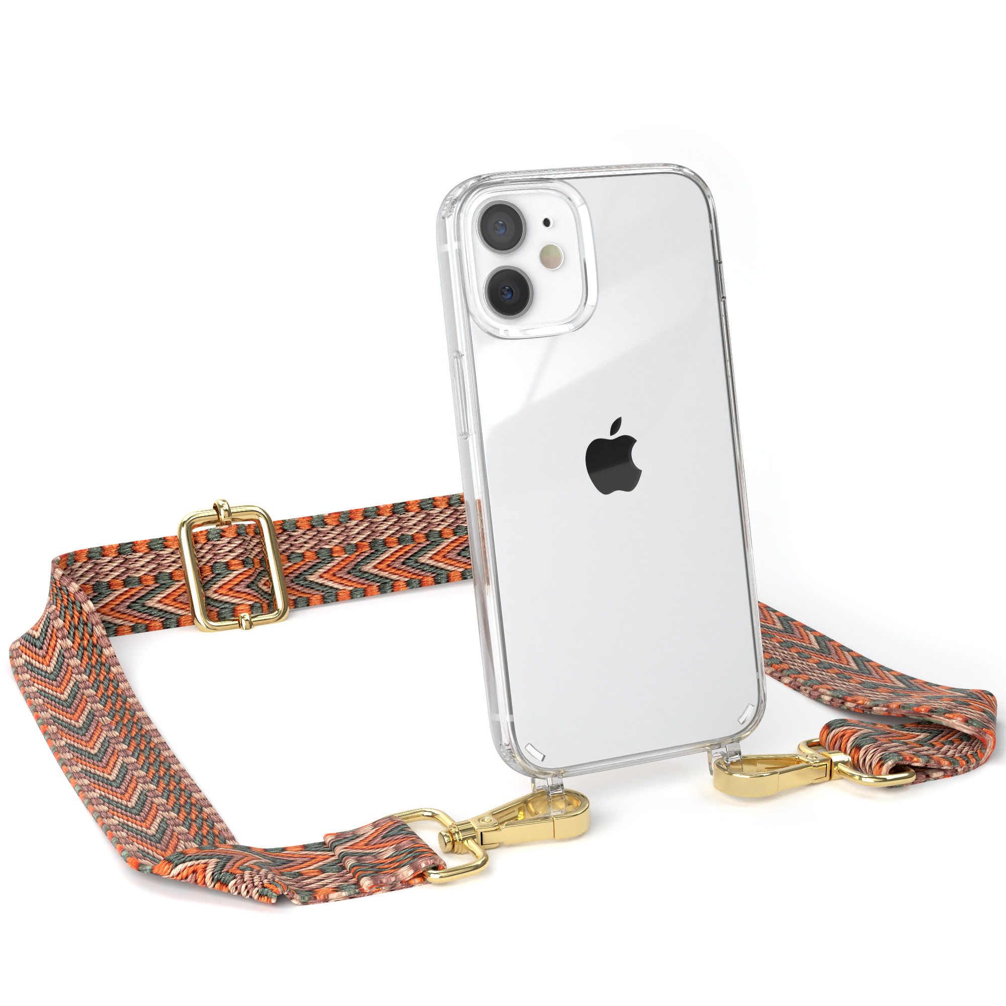 mit iPhone Transparente EAZY 12 Apple, Umhängetasche, Mini, Boho Orange Grün CASE Kordel Style, Handyhülle /