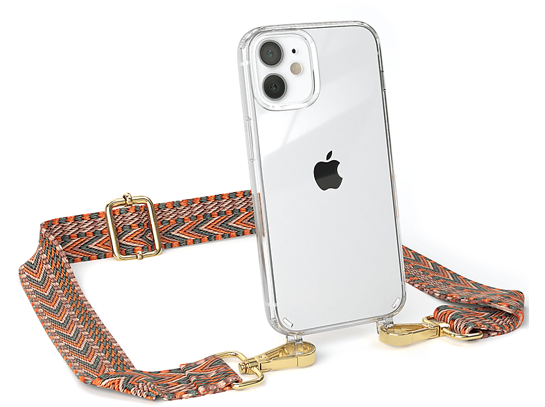 EAZY CASE Transparente Handyhülle mit Kordel Boho Style, Umhängetasche, Apple, iPhone 12 Mini, Orange / Grün