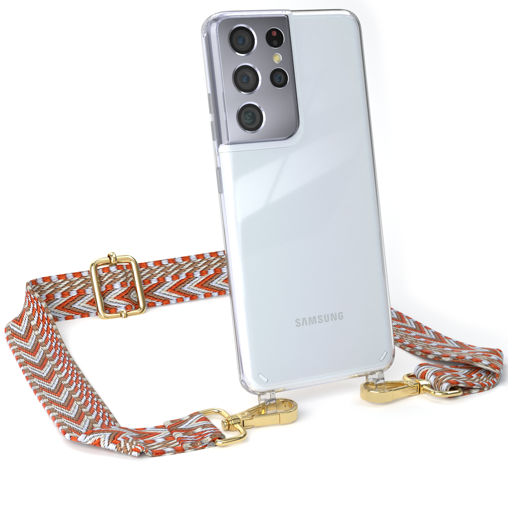 EAZY CASE Transparente Umhängetasche, S21 Hellblau / mit Samsung, Boho Rot Kordel Galaxy Style, 5G, Ultra Handyhülle
