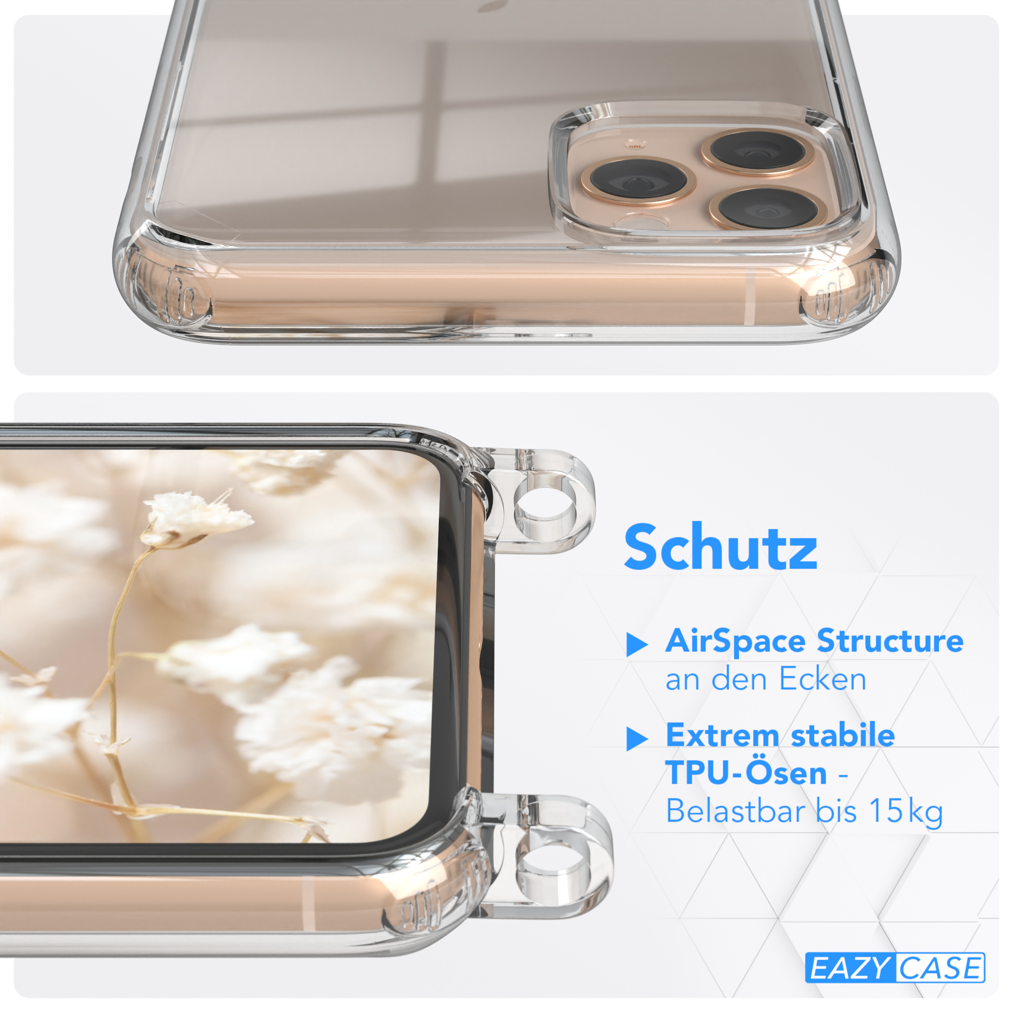 EAZY CASE Transparente Handyhülle mit Blau Boho Style, iPhone Umhängetasche, 11 Weiß Max, Kordel Apple, Pro 