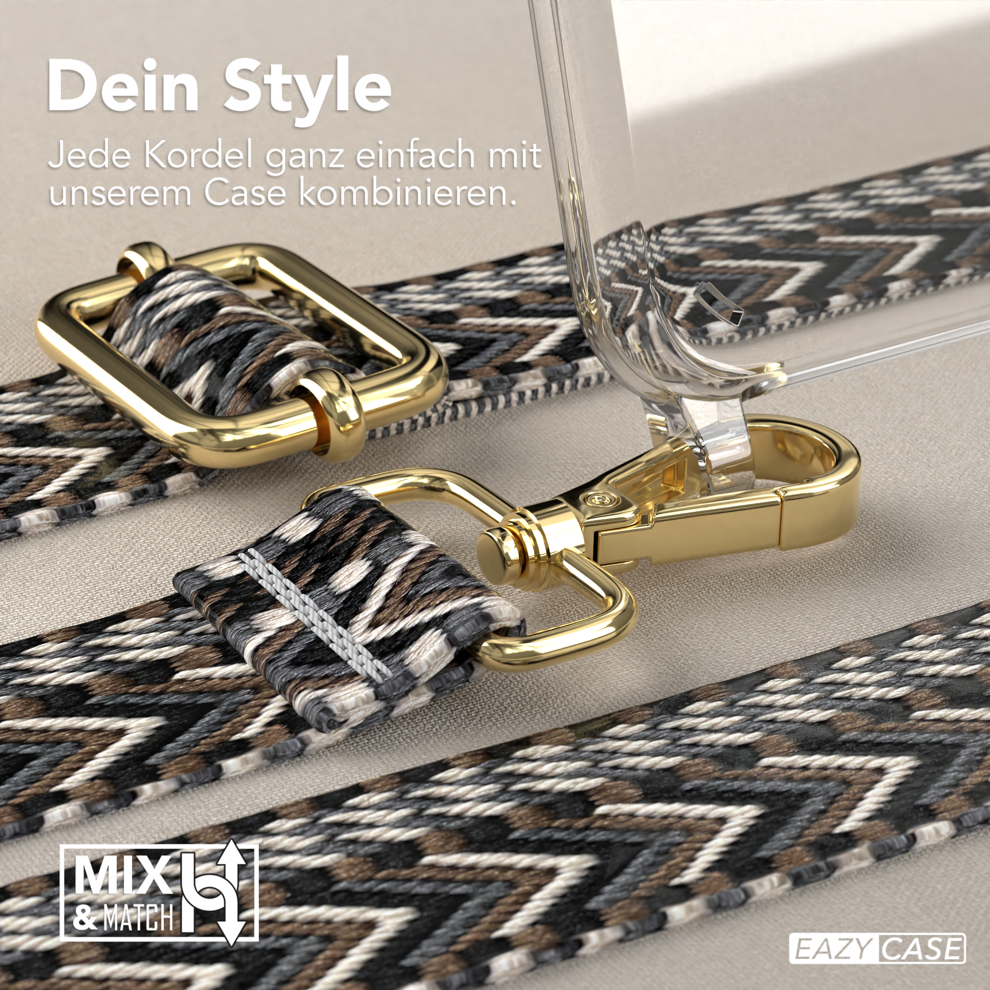 Nahaufnahme eines goldenen Verschlusses und eines gemusterten Riemens für eine Handyhülle, mit einer transparenten Hülle.