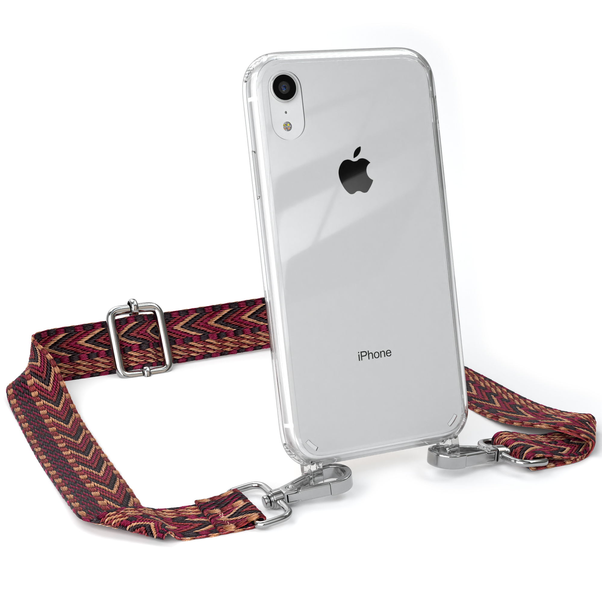 Telefon in klarer Hülle mit rotem gemustertem Riemen. Silberne Verschlüsse. Weißer Hintergrund.