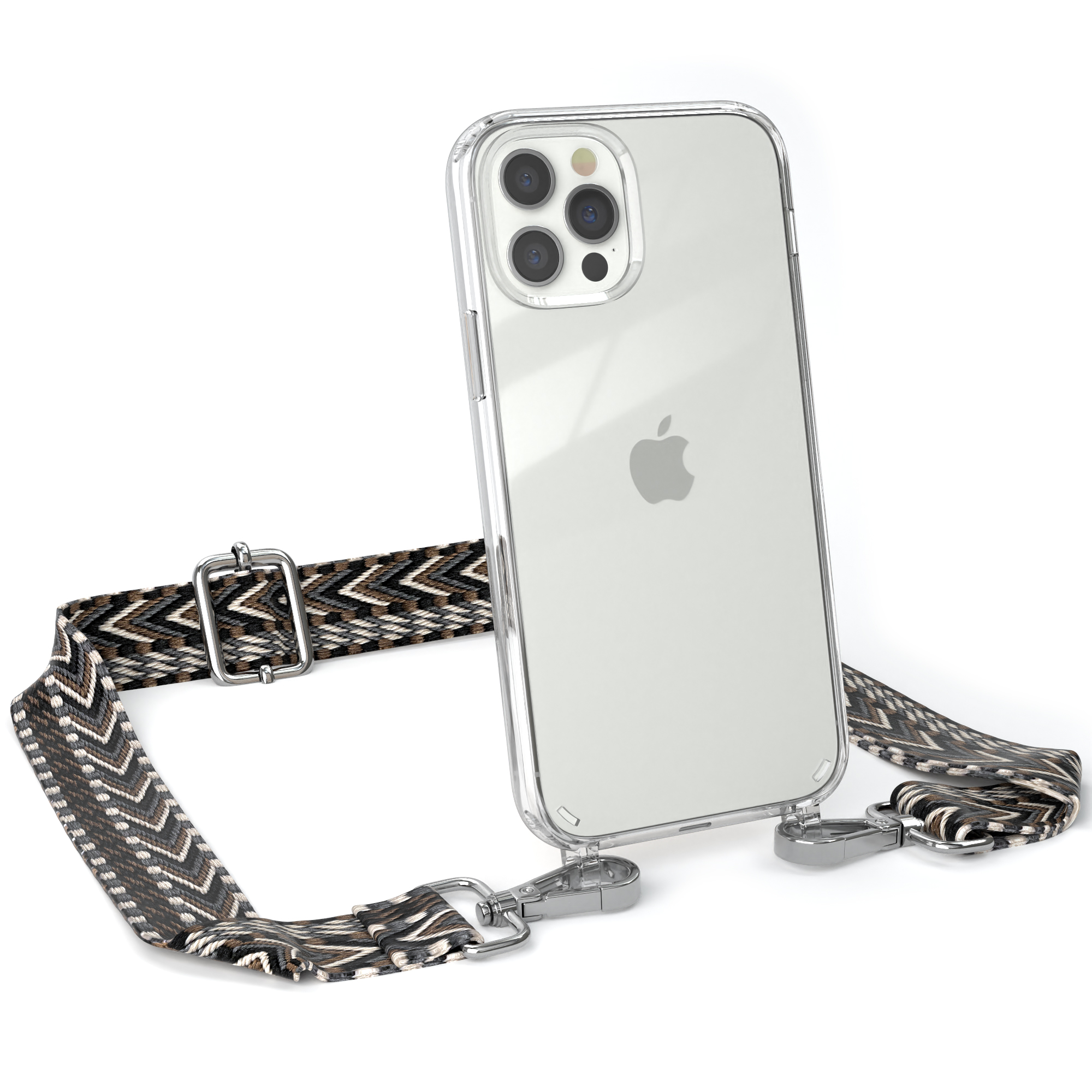 EAZY CASE Transparente / Schwarz 12 Kordel Boho iPhone Apple, Style, Umhängetasche, Grau / Pro, mit 12 Handyhülle