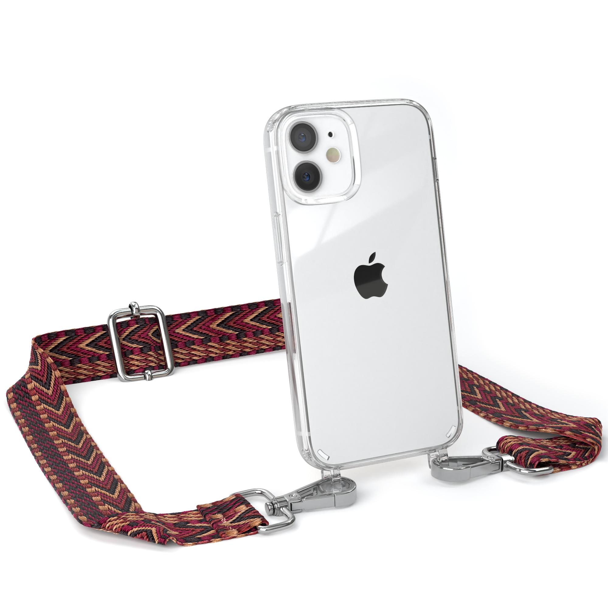 Braun EAZY Apple, Mini, Kordel Style, Umhängetasche, Boho Transparente Rot mit Handyhülle iPhone CASE / 12