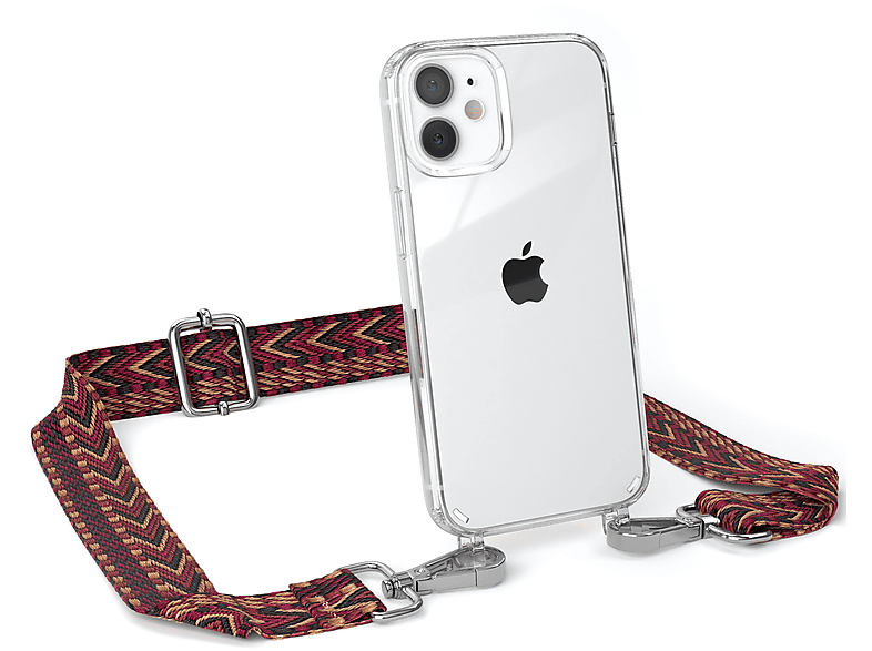 Mini, 12 Kordel mit iPhone Boho Umhängetasche, Style, / CASE Rot Braun Handyhülle EAZY Transparente Apple,