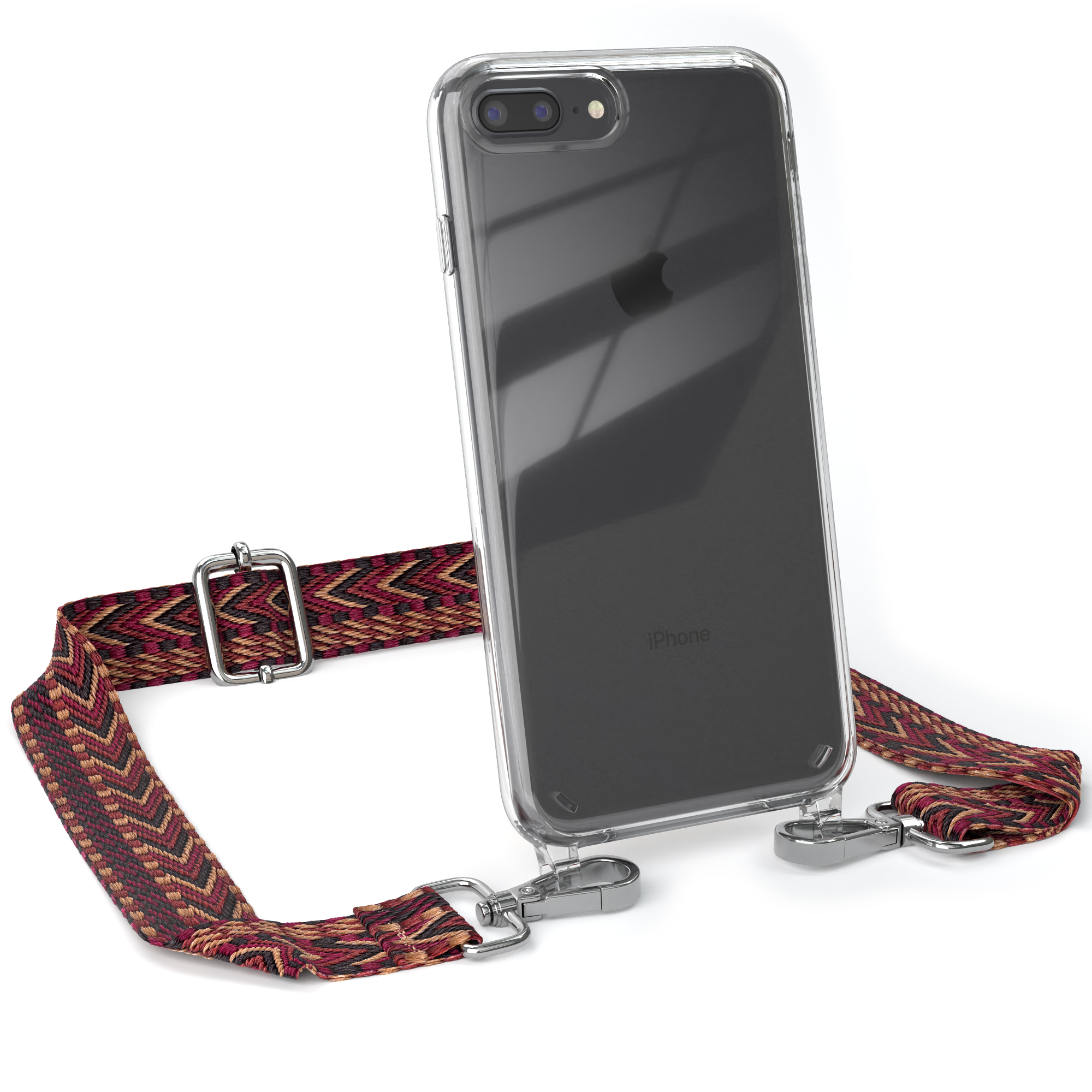 Transparente Handyhülle mit weinrotem Riemen, iPhone, weißer Hintergrund.