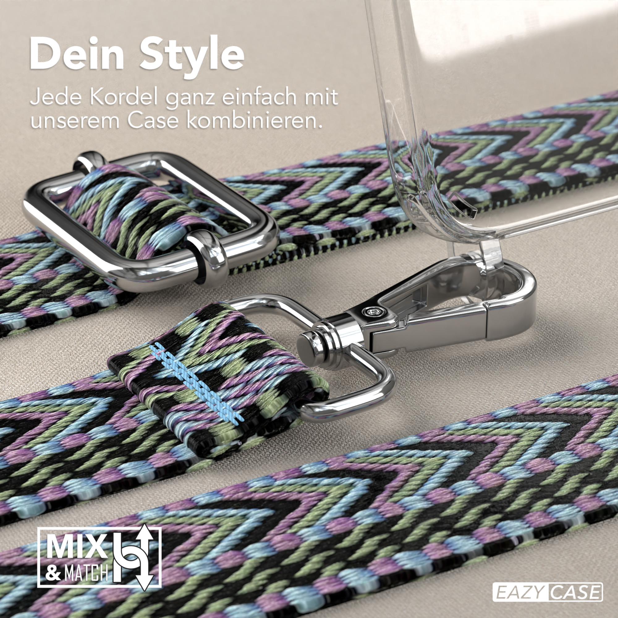 Nahaufnahme eines Riemens mit klarer Handyhülle und Metallverschlüssen.