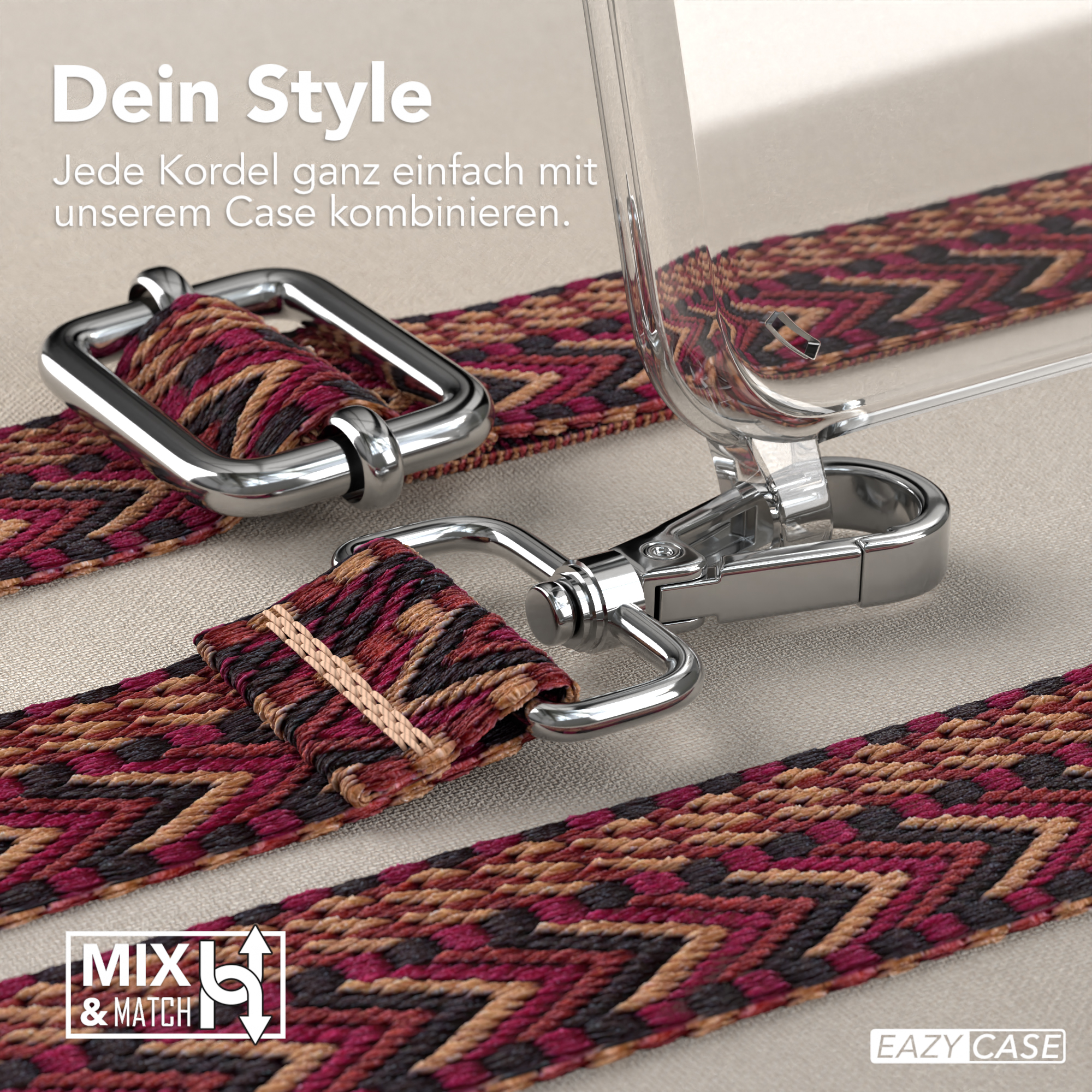 Nahaufnahme eines Handygurtes und einer Handyhülle mit Metallschnalle und dekorativem Riemen.