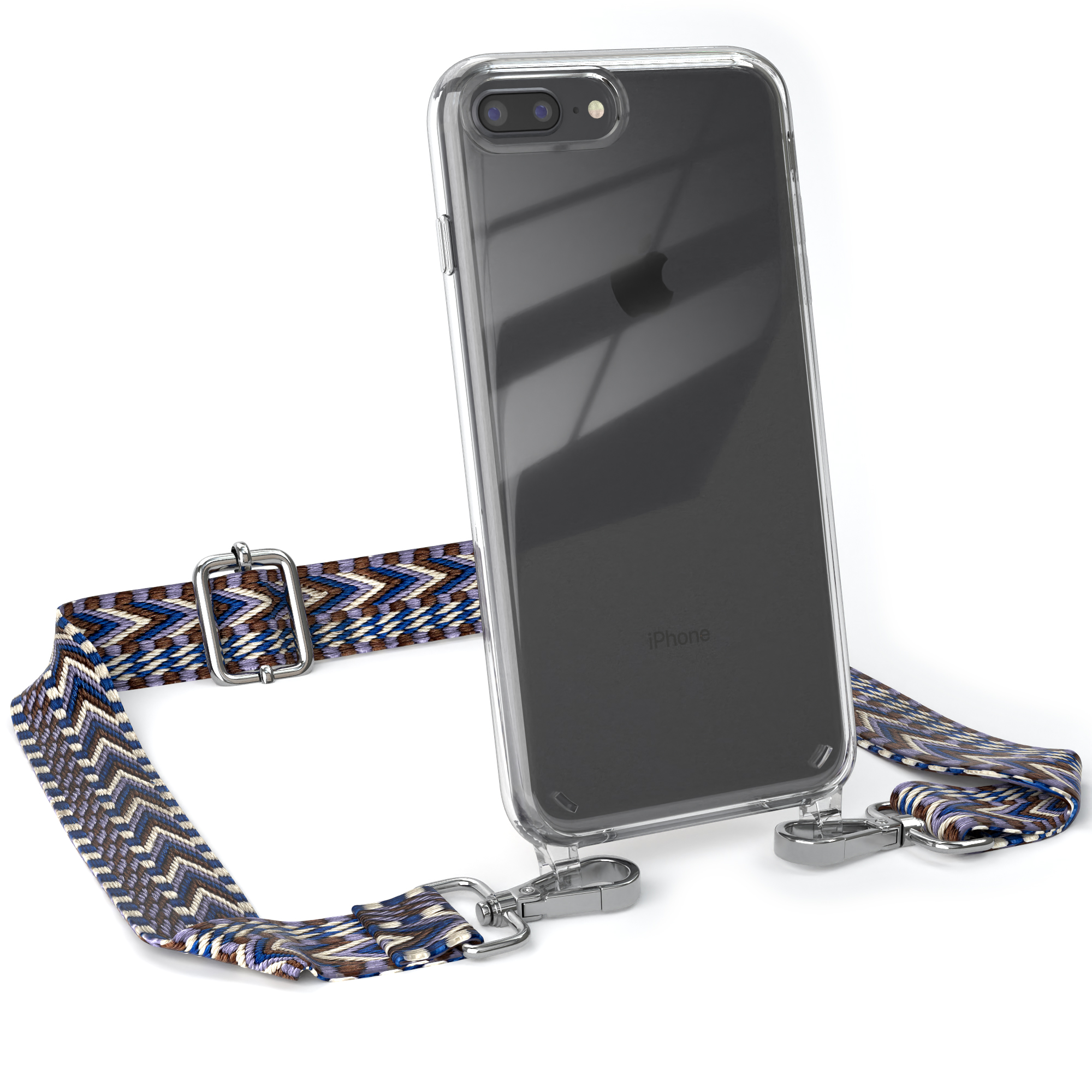 Transparente Handyhülle mit gemustertem Gurt, silbernem Metallverschluss.