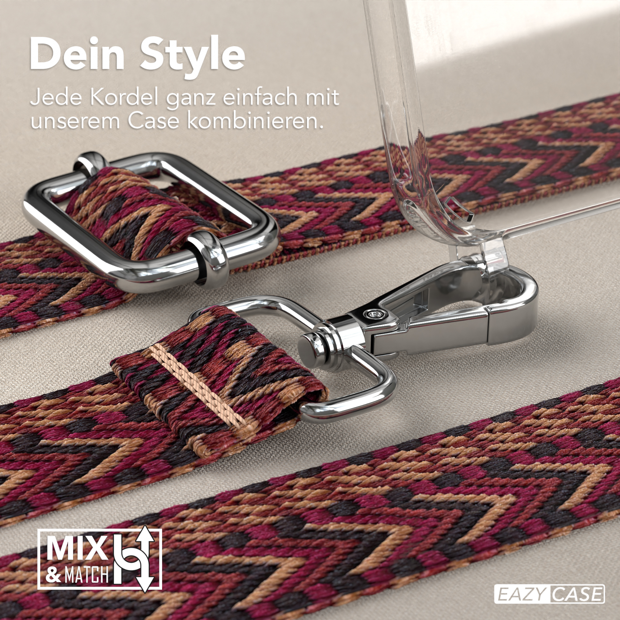 Ein Telefongehäuse mit Riemen und Metallverschluss. Hintergrund enthält Text auf Deutsch.