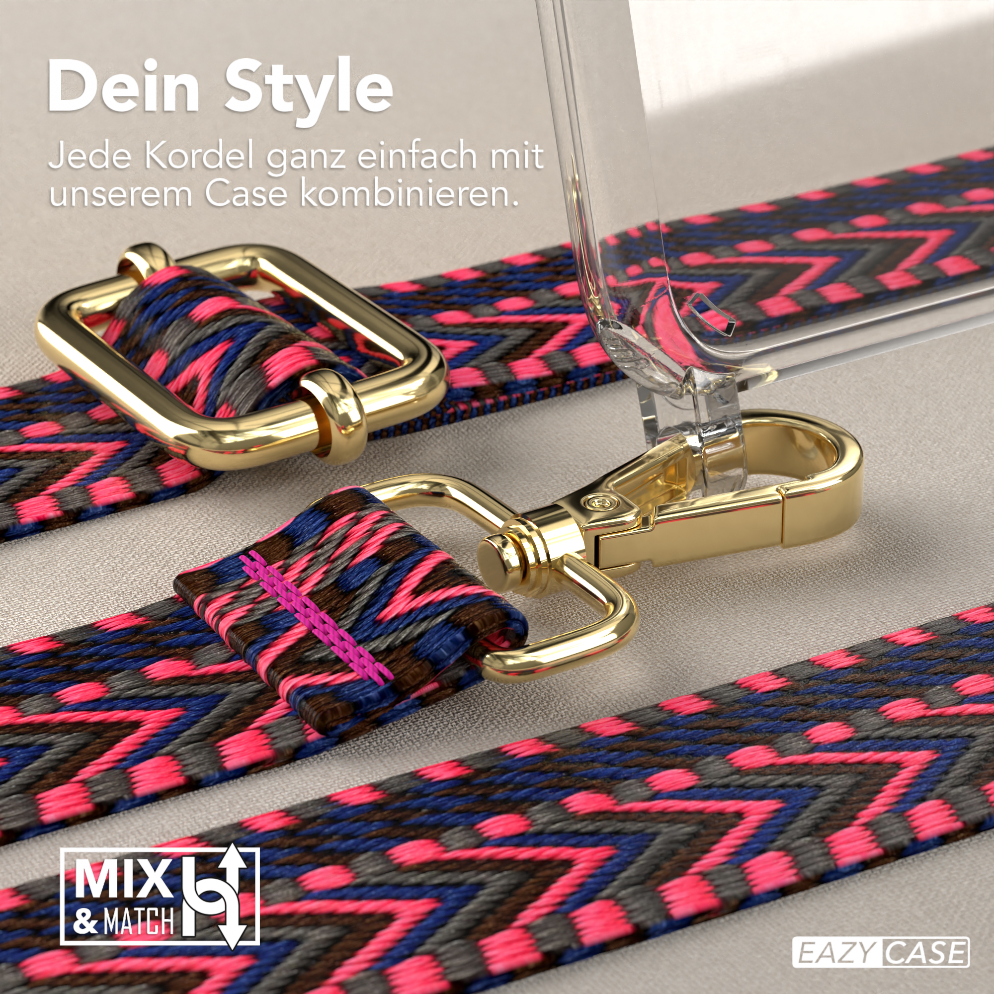 Nahaufnahme von goldenem Verschluss, buntem Gurt und klarer Handyhülle mit blauem und pinkem Muster.