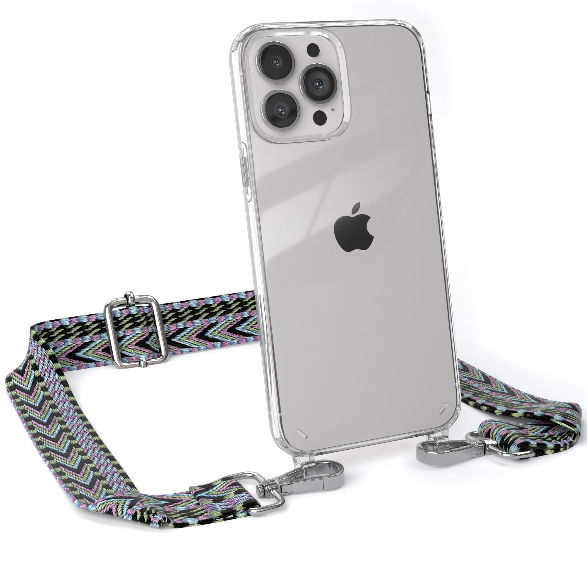 Transparente iPhone-Hülle mit farbig gemustertem Riemen. Silberne Hardware. Apple-Logo sichtbar.