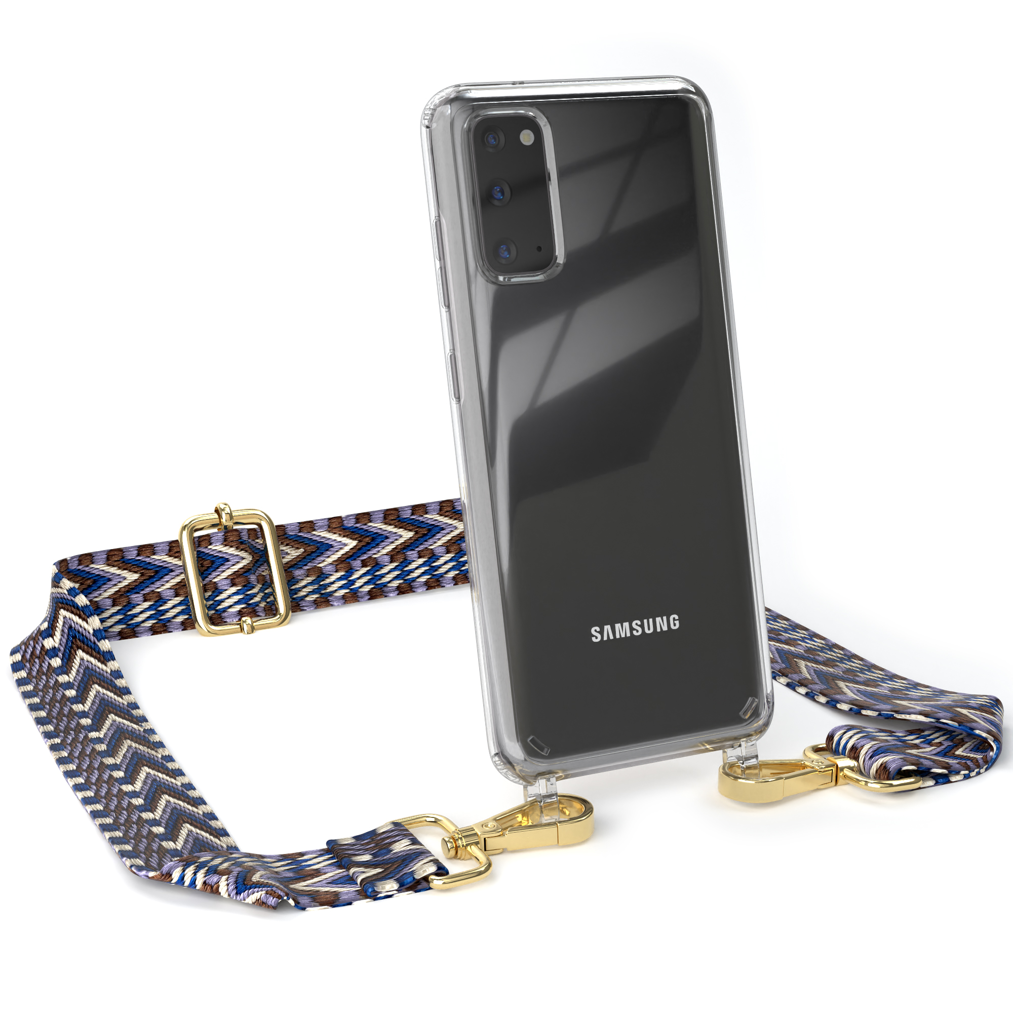 EAZY CASE Transparente S20, Galaxy Samsung, mit Style, Handyhülle Umhängetasche, / Boho Weiß Blau Kordel