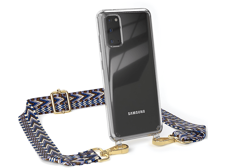 EAZY CASE Transparente Handyhülle Kordel Samsung, Blau mit / Umhängetasche, Galaxy Style, Boho S20, Weiß