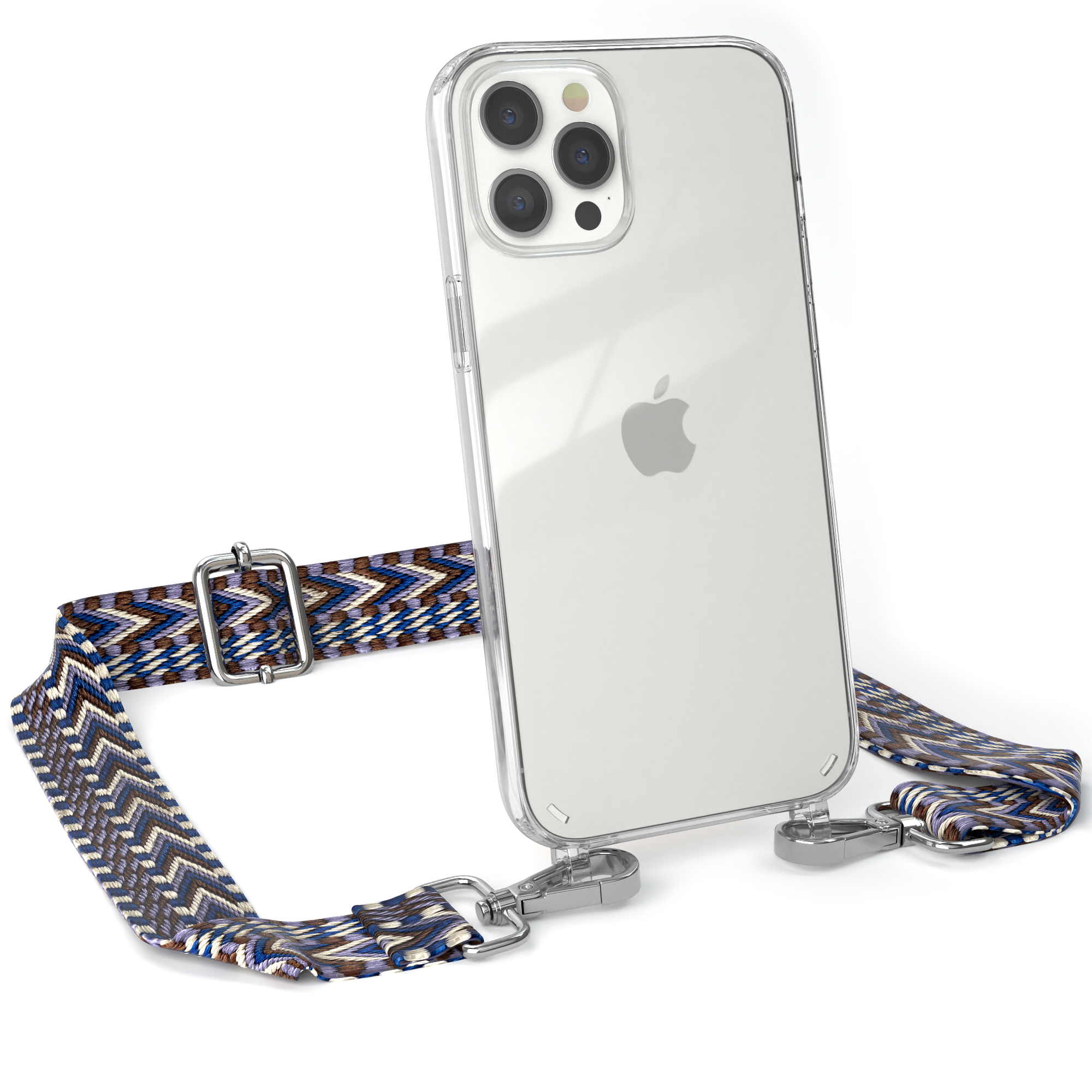 EAZY CASE Transparente Umhängetasche, Style, Max, iPhone / Pro mit Weiß Blau Handyhülle 12 Kordel Apple, Boho