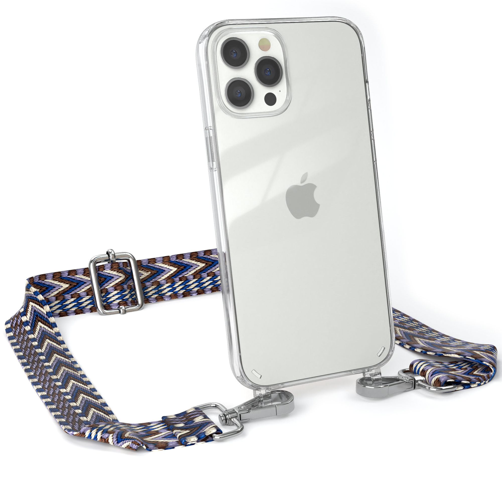 Transparente Handyhülle mit blau gemustertem Riemen. Silberne Hardware. Telefon hat Apple-Logo. Weißer Hintergrund.