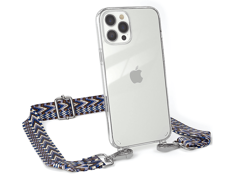 EAZY CASE Transparente Handyhülle mit Kordel Boho Style, Umhängetasche, Apple, iPhone 12 Pro Max, Blau / Weiß
