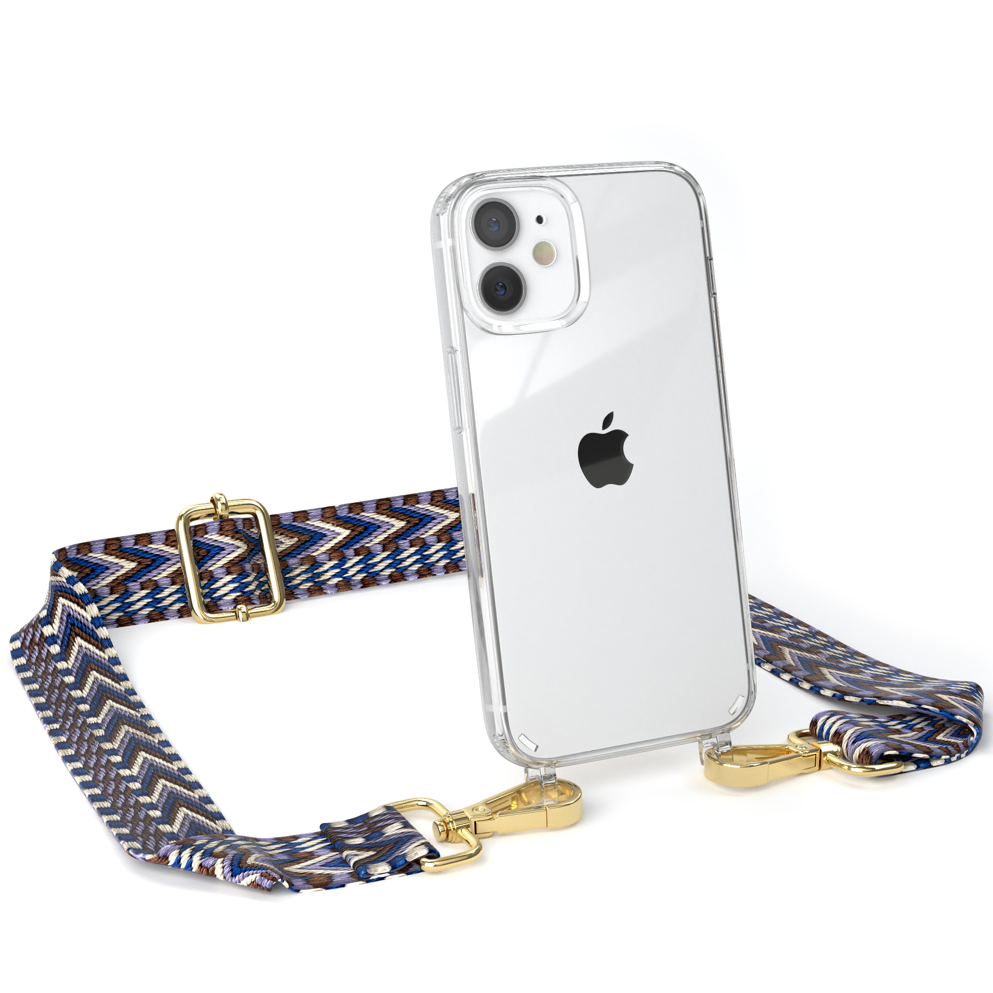 EAZY CASE Transparente Handyhülle Mini, Boho Style, Blau iPhone mit Apple, / 12 Weiß Kordel Umhängetasche
