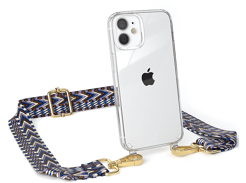 EAZY CASE Transparente Handyhülle mit Boho Apple, Style, 12 Umhängetasche, Blau Weiß / Mini, iPhone Kordel