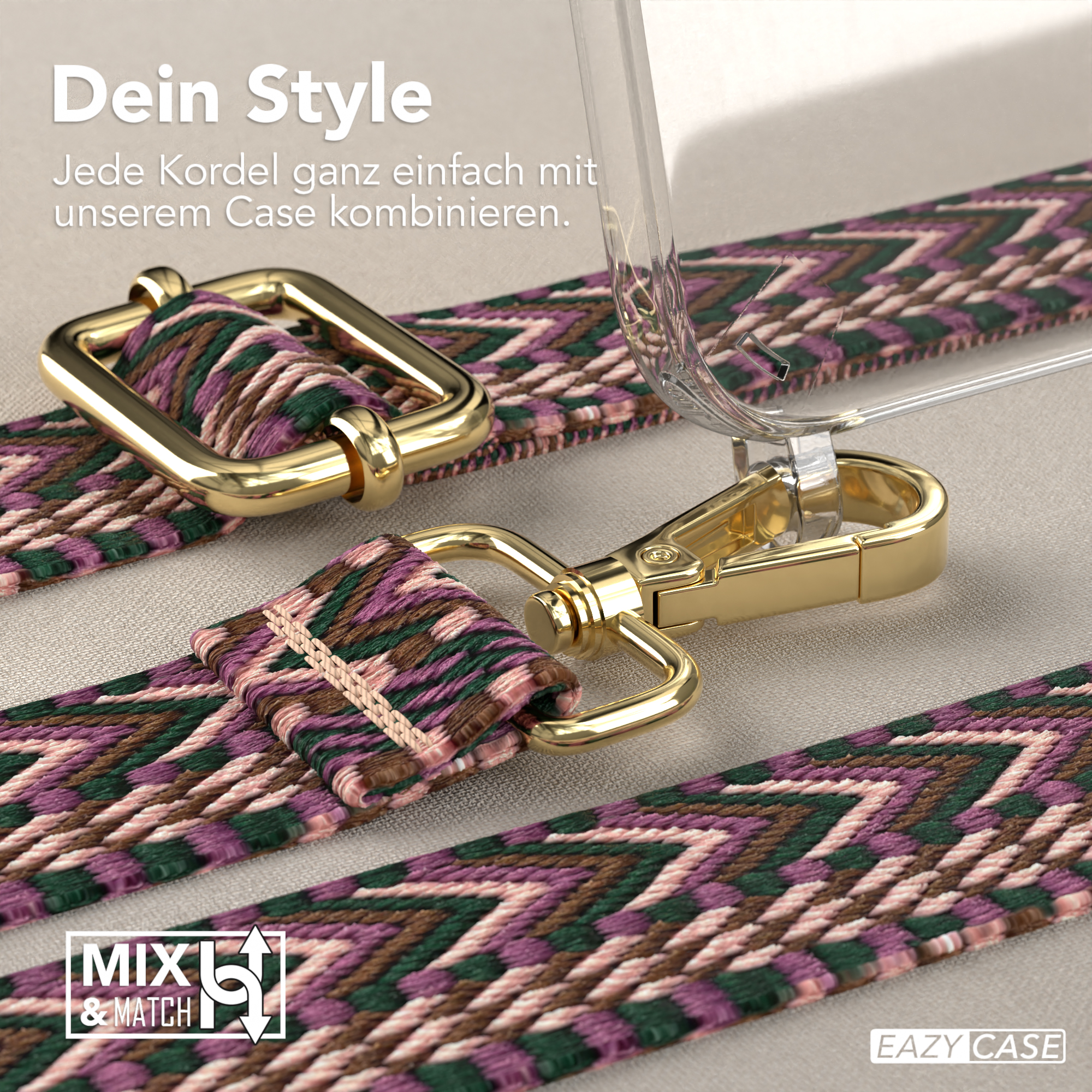 Nahaufnahme eines Handyhüllenriemens mit goldener Hardware und einer transparenten Hülle. Text über Stil.
