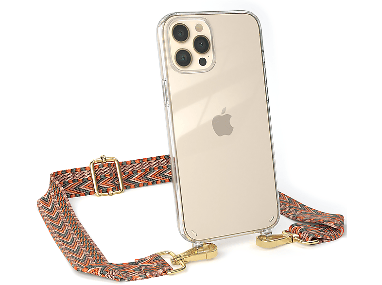 EAZY CASE Transparente Handyhülle mit Kordel Boho Style, Umhängetasche, Apple, iPhone 12 Pro Max, Orange / Grün