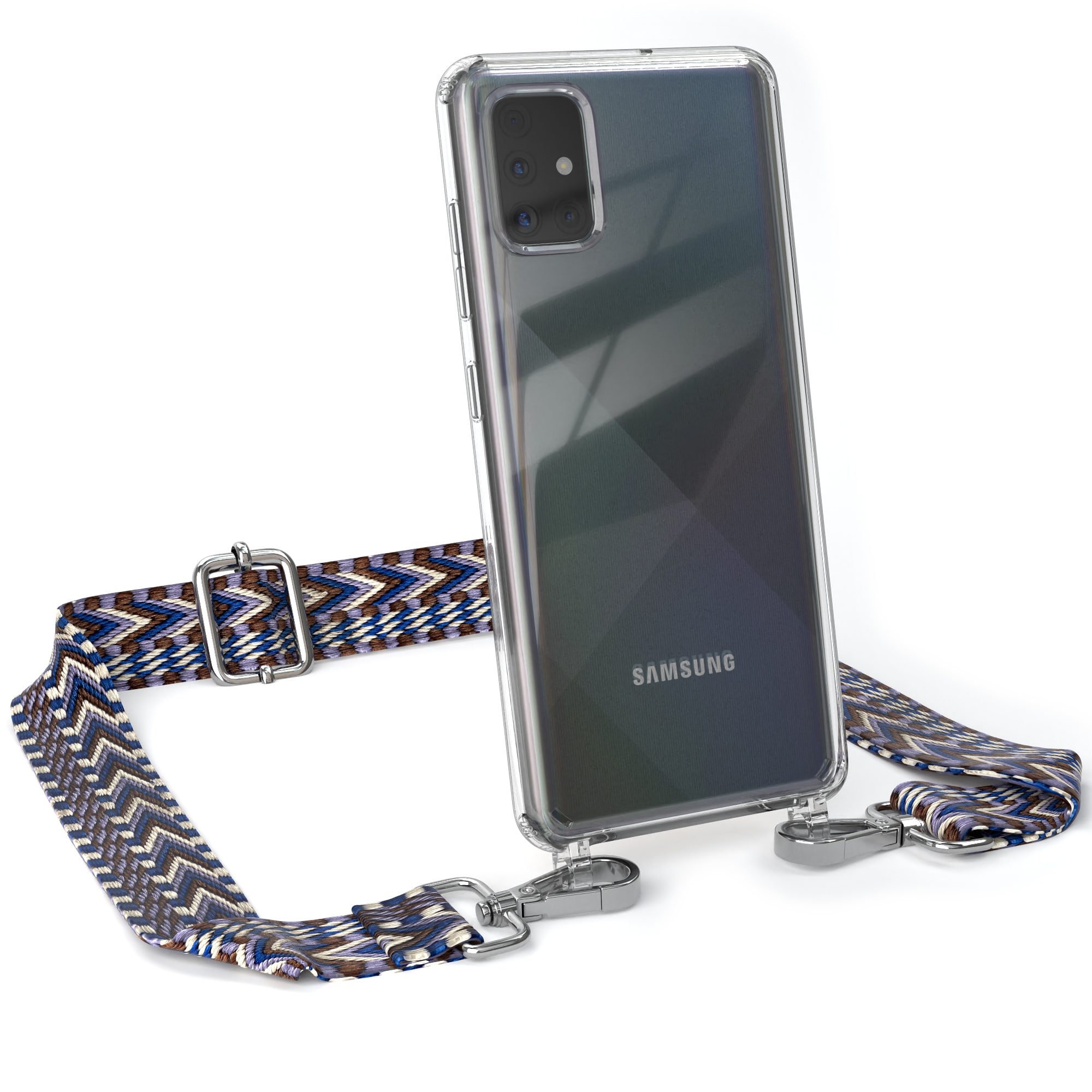 Transparente Handyhülle mit Telefon und gemustertem Riemen. Silberverschlüsse sichtbar.