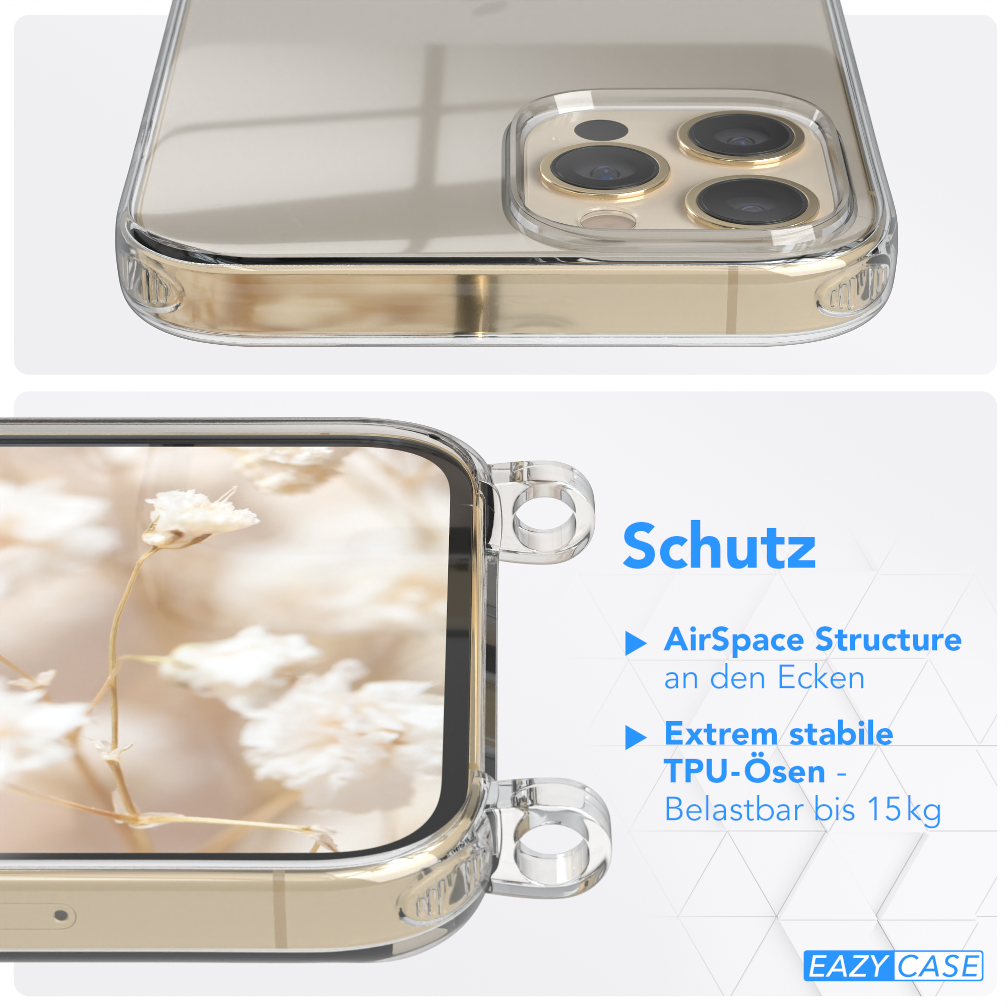 Eine transparente Handyhülle mit einem goldenen Telefon darin. Weiße Blumen im Hintergrund. Weißer Hintergrund.