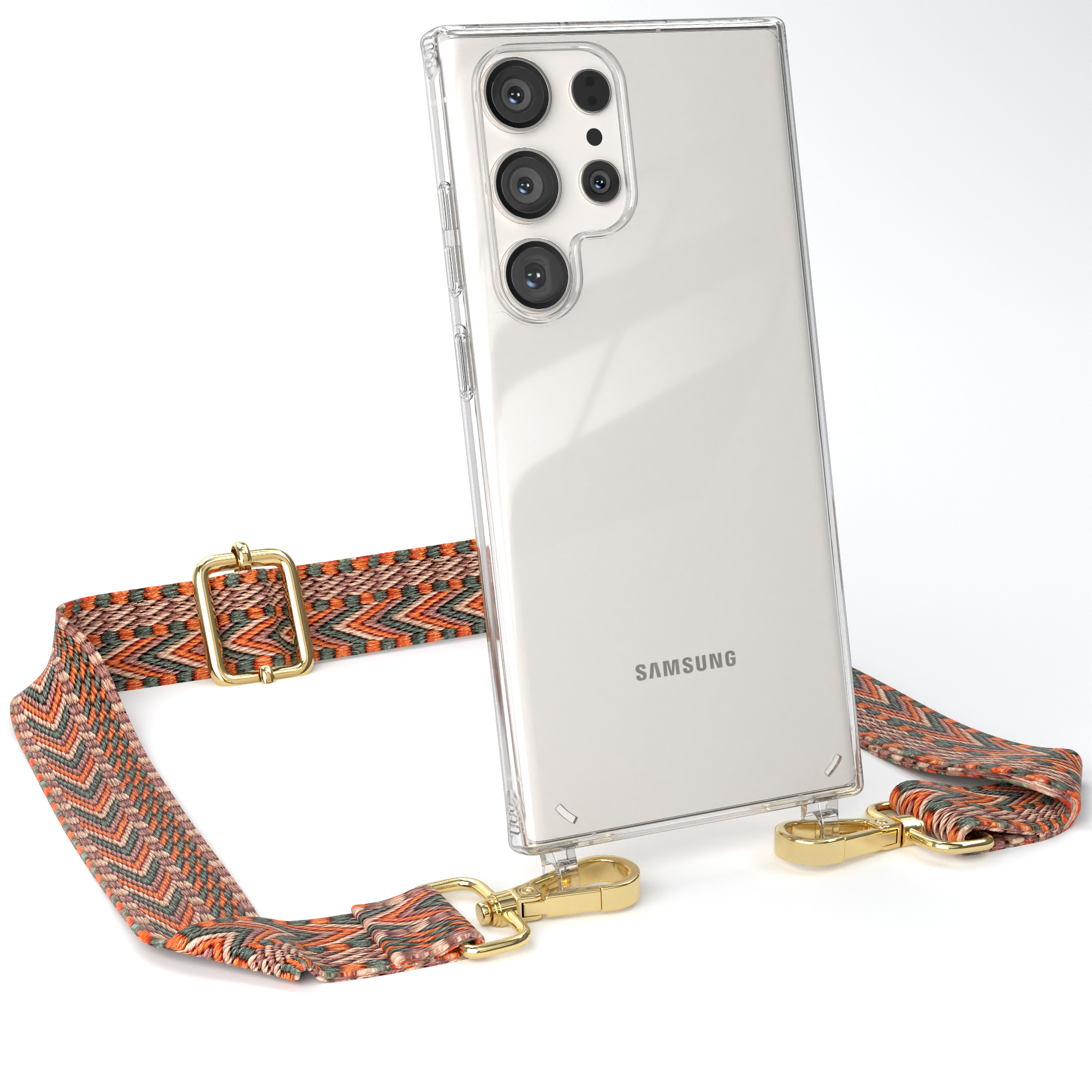 EAZY CASE Transparente Ultra, Samsung, Style, Boho Handyhülle / Galaxy Kordel S23 Grün mit Orange Umhängetasche