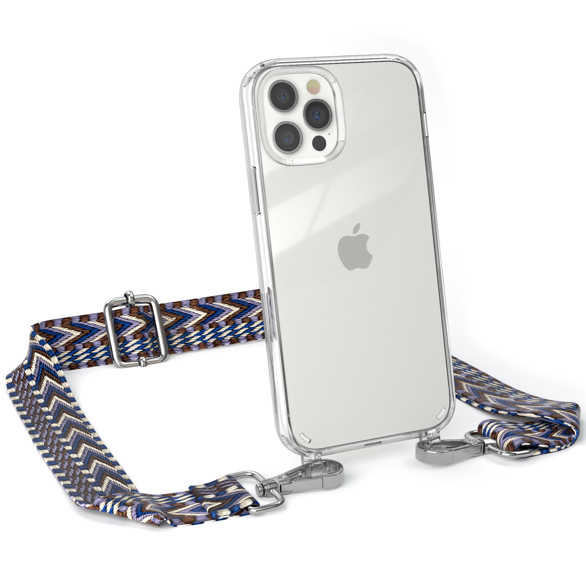 Transparente iPhone-Hülle mit blau-braun gemustertem Riemen. Silberne Hardware. Apple-Logo sichtbar.