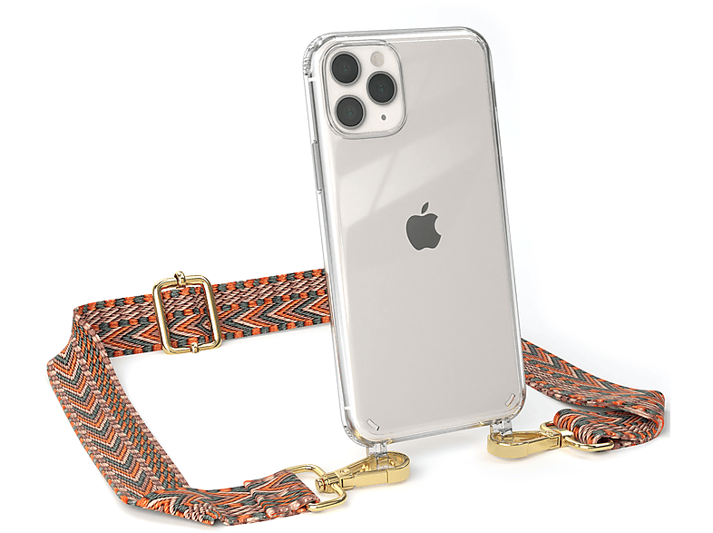 EAZY CASE Transparente Handyhülle mit Kordel Boho Style, Umhängetasche, Apple, iPhone 11 Pro, Orange / Grün