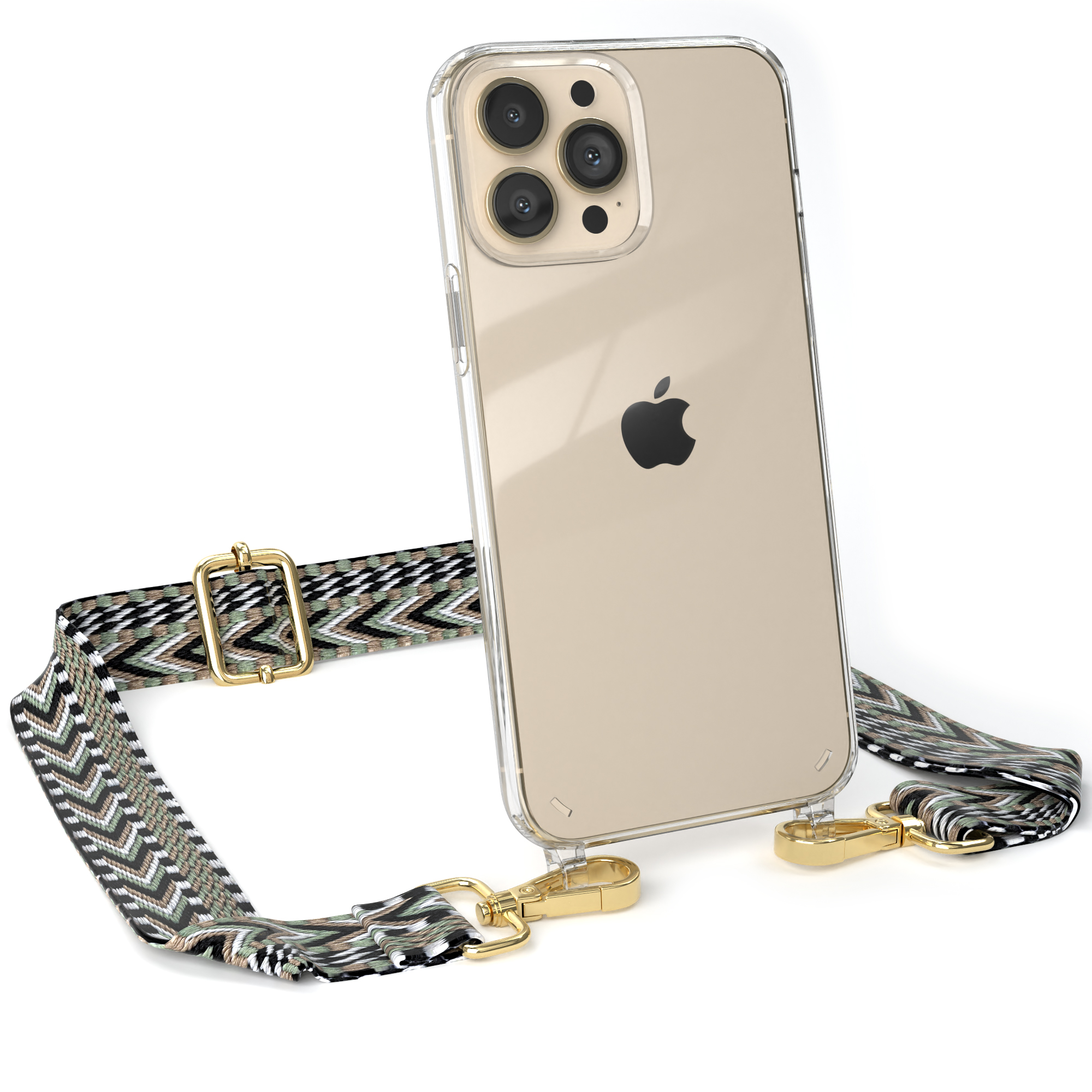 Transparente Handyhülle mit gemustertem Riemen und goldfarbener Hardware.