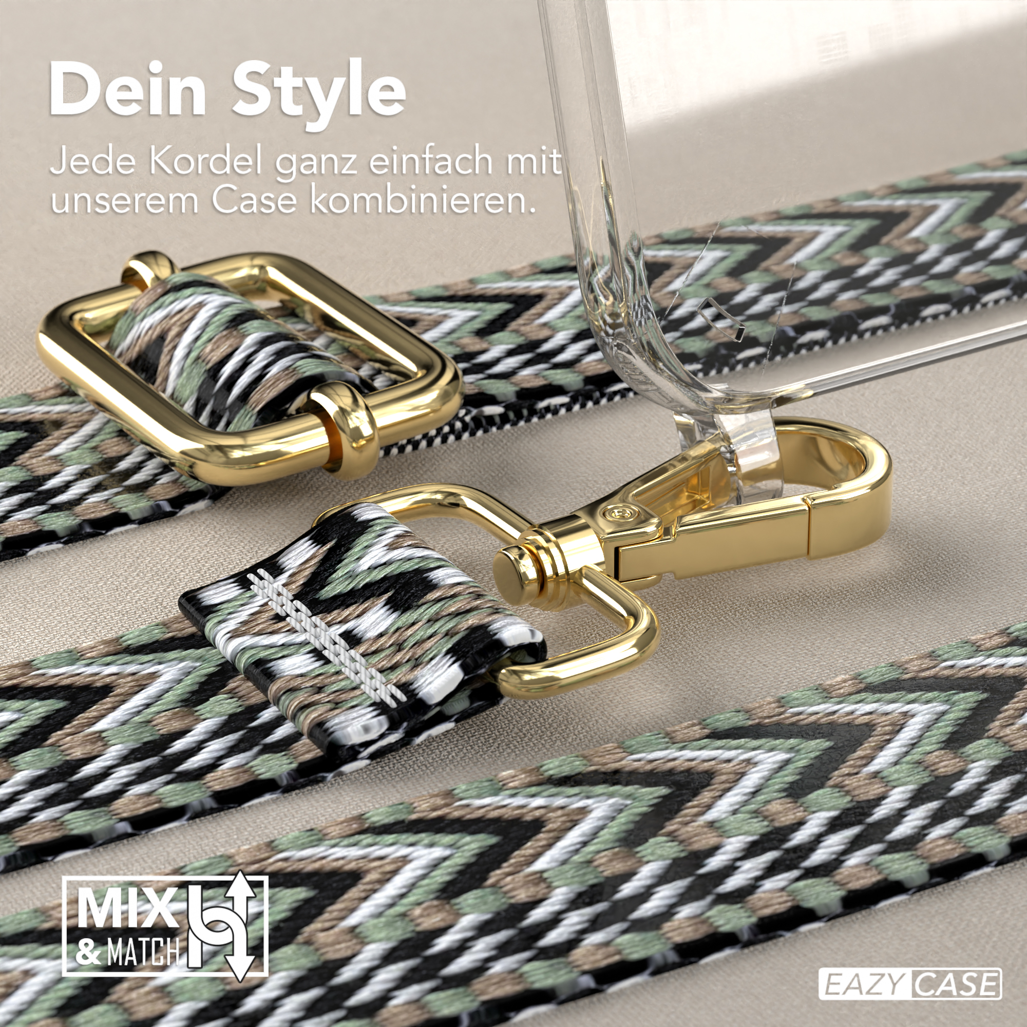Ein Handyhüllen-Trageriemen mit goldenen Details und Farbmix.