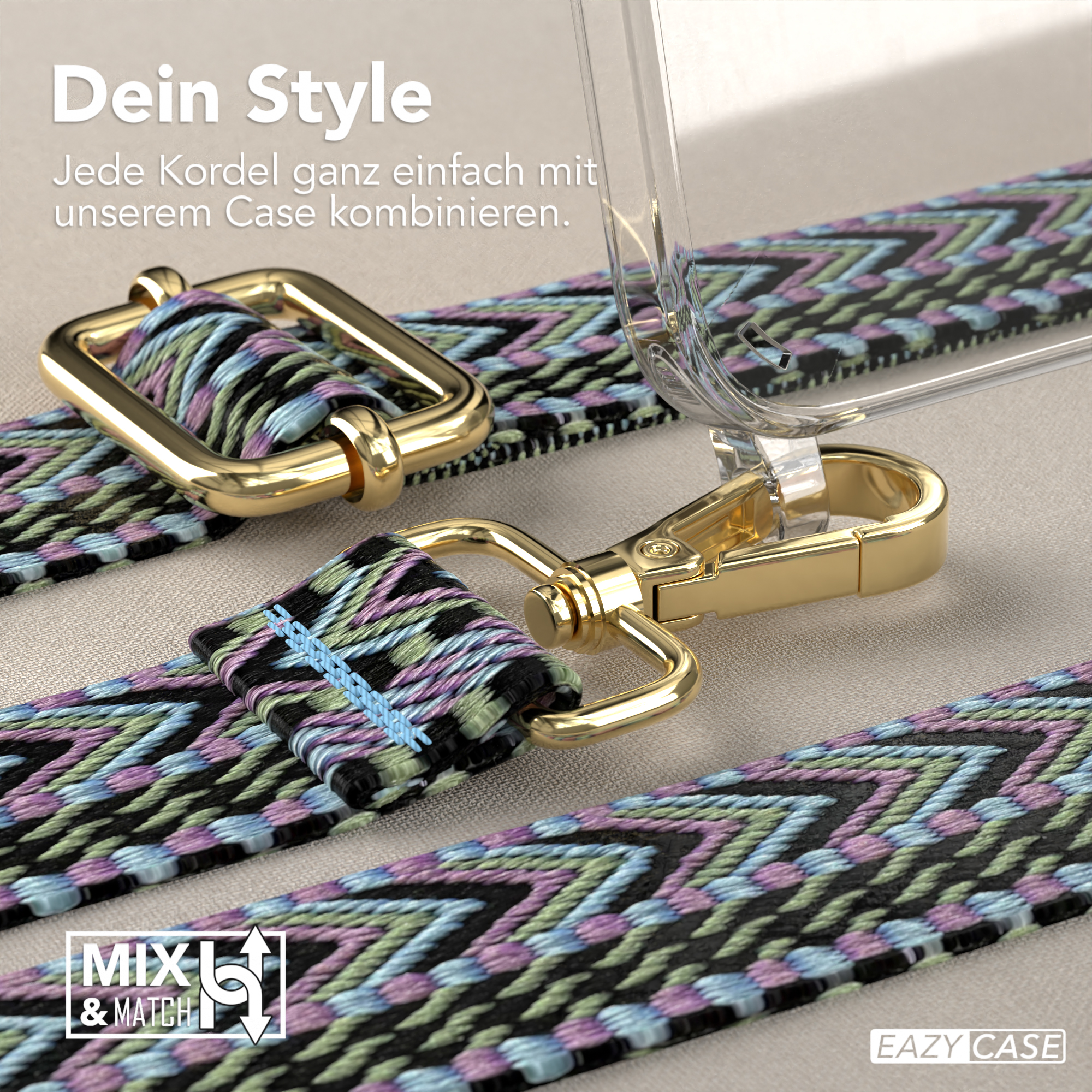 Nahaufnahme eines Riemens mit goldenem Verschluss und farbenfrohem Muster.