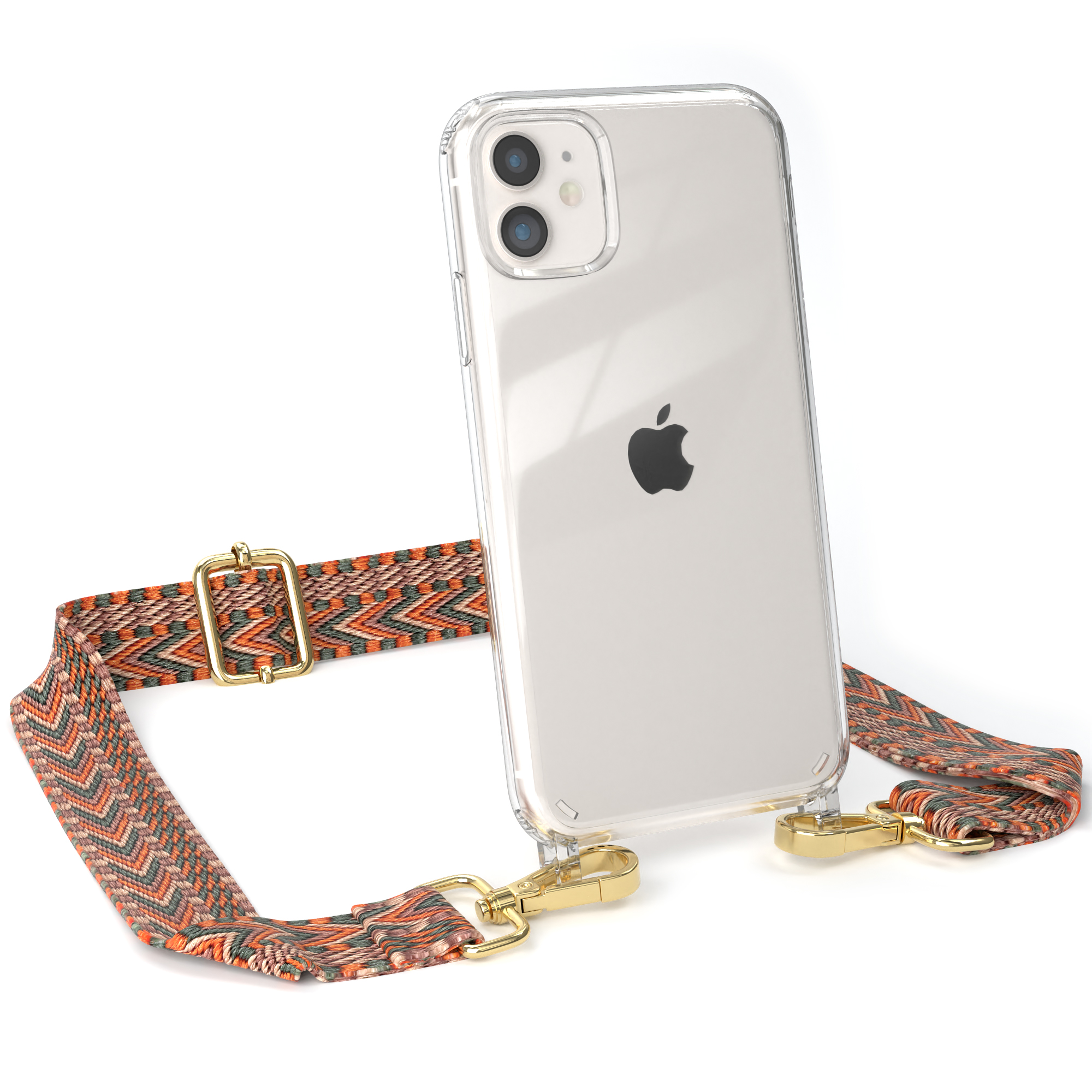 Transparente Handyhülle mit orangefarbenem und grauem Riemen und Telefon, auf weißem Grund.