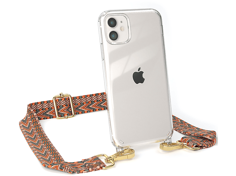 EAZY CASE Transparente Handyhülle mit Kordel Boho Style, Umhängetasche, Apple, iPhone 11, Orange / Grün