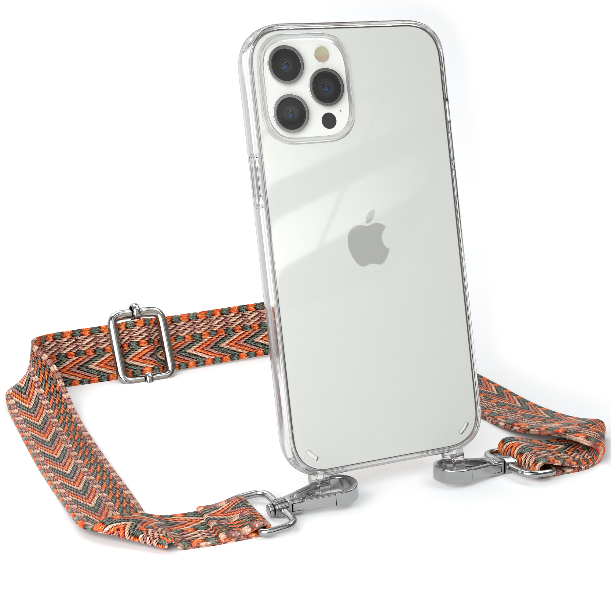 Eine transparente Handyhülle mit einem orange-grauen gemusterten Riemen.