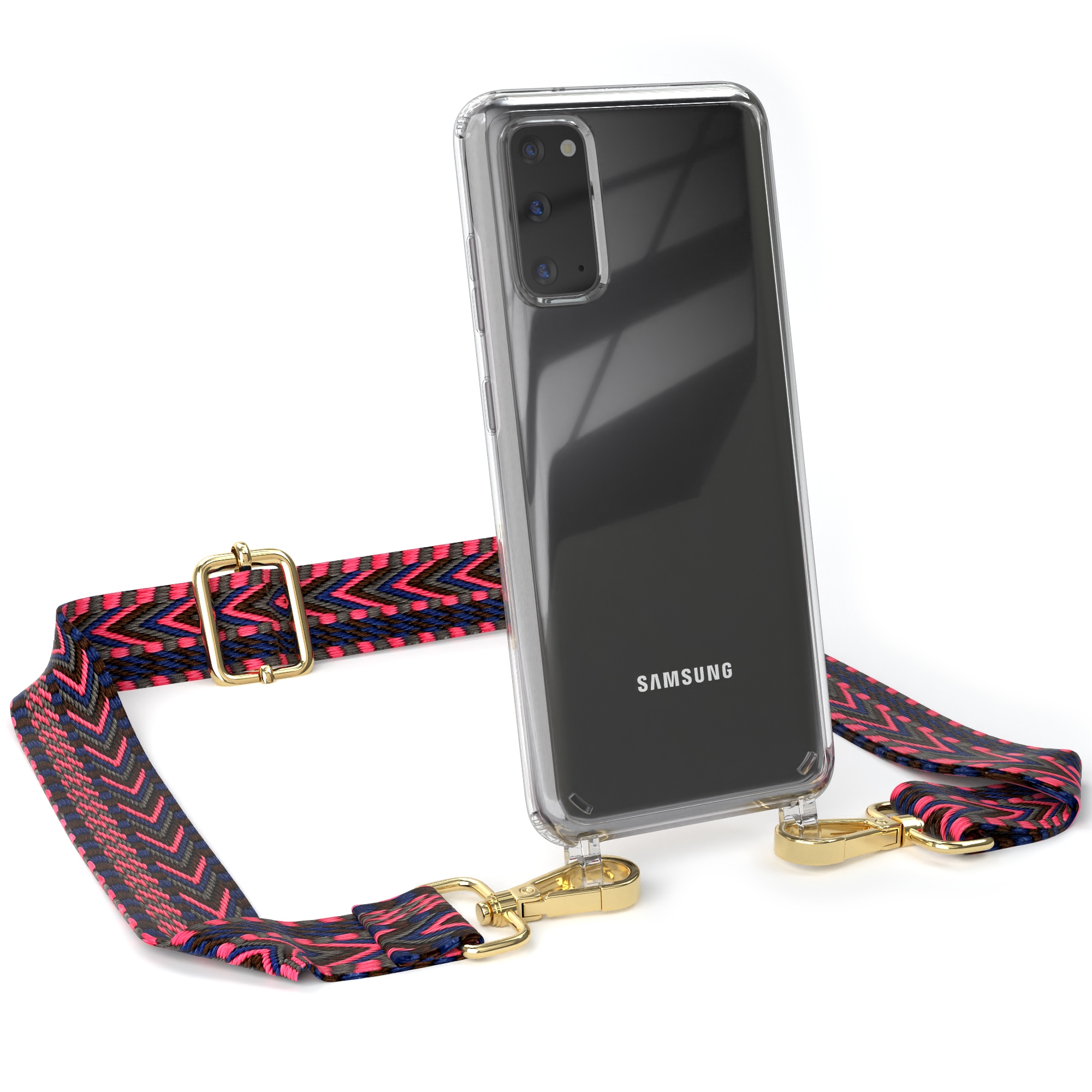 Galaxy EAZY Blau CASE Kordel Handyhülle Samsung, mit / S20, Style, Boho Umhängetasche, Pink Transparente