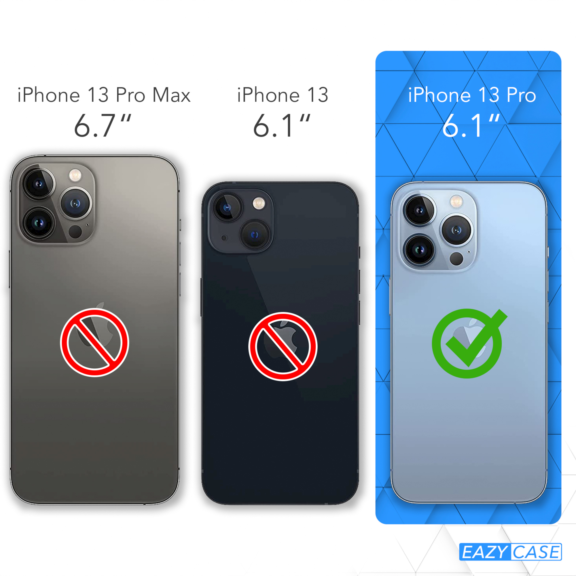 Vergleich von iPhone 13 Pro Max (rotes X), iPhone 13 (rotes X) und iPhone 13 Pro (grüner Haken). Blauer Hintergrund.