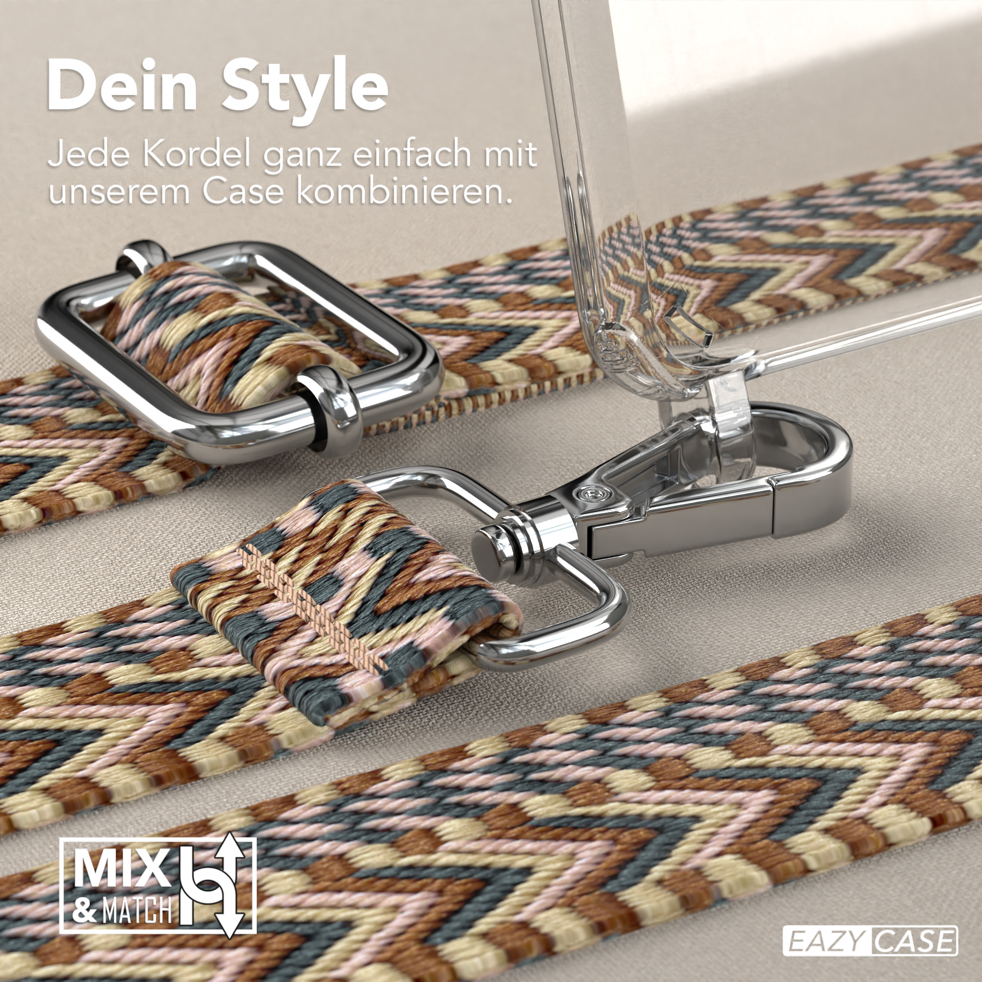 Nahaufnahme von gewebtem Telefonriemen und Hülle mit Metallverschlüssen. Text: Mix & Match.