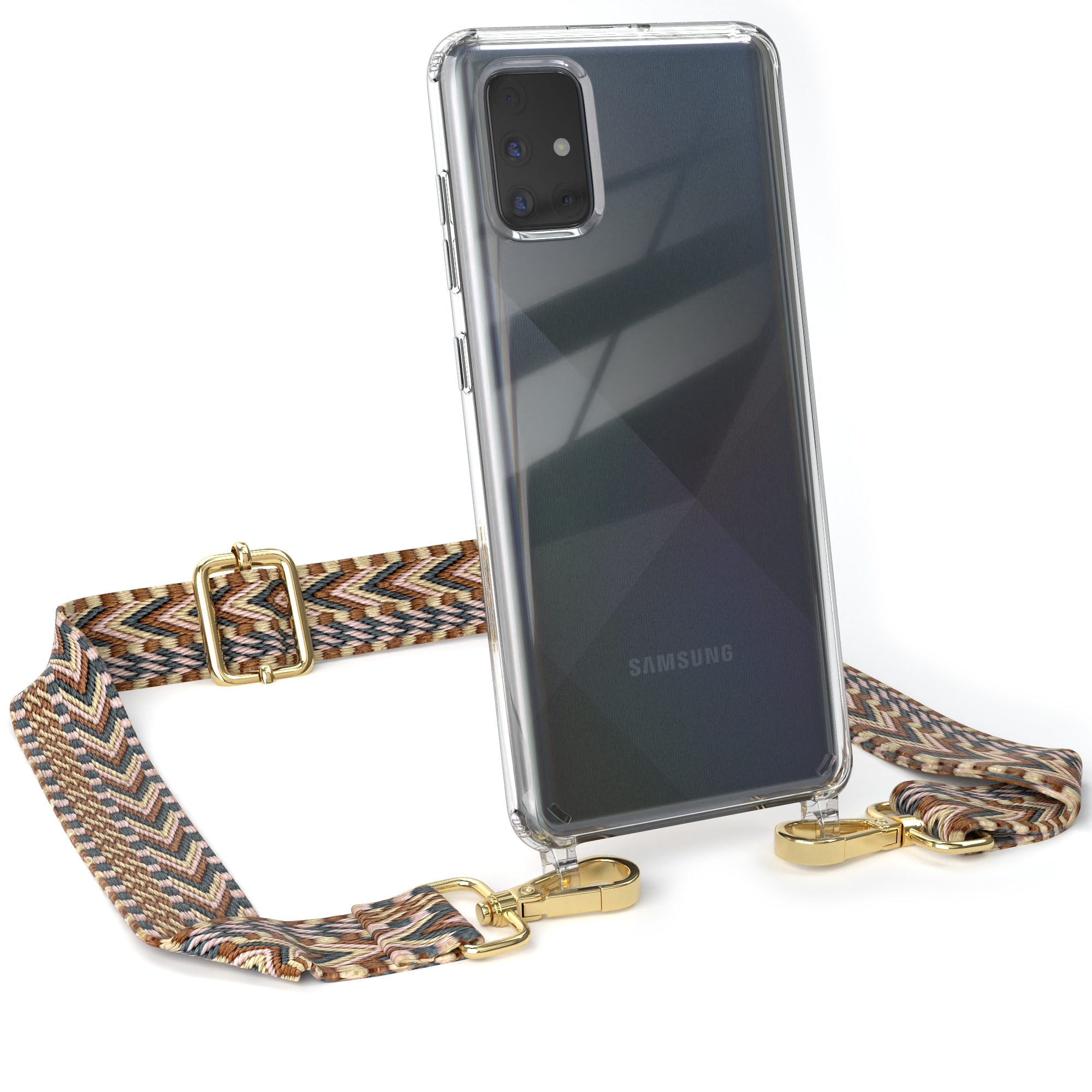 Handyhülle A71, CASE Mix Style, Kordel Transparente Galaxy mit Braun EAZY Umhängetasche, Boho Samsung,