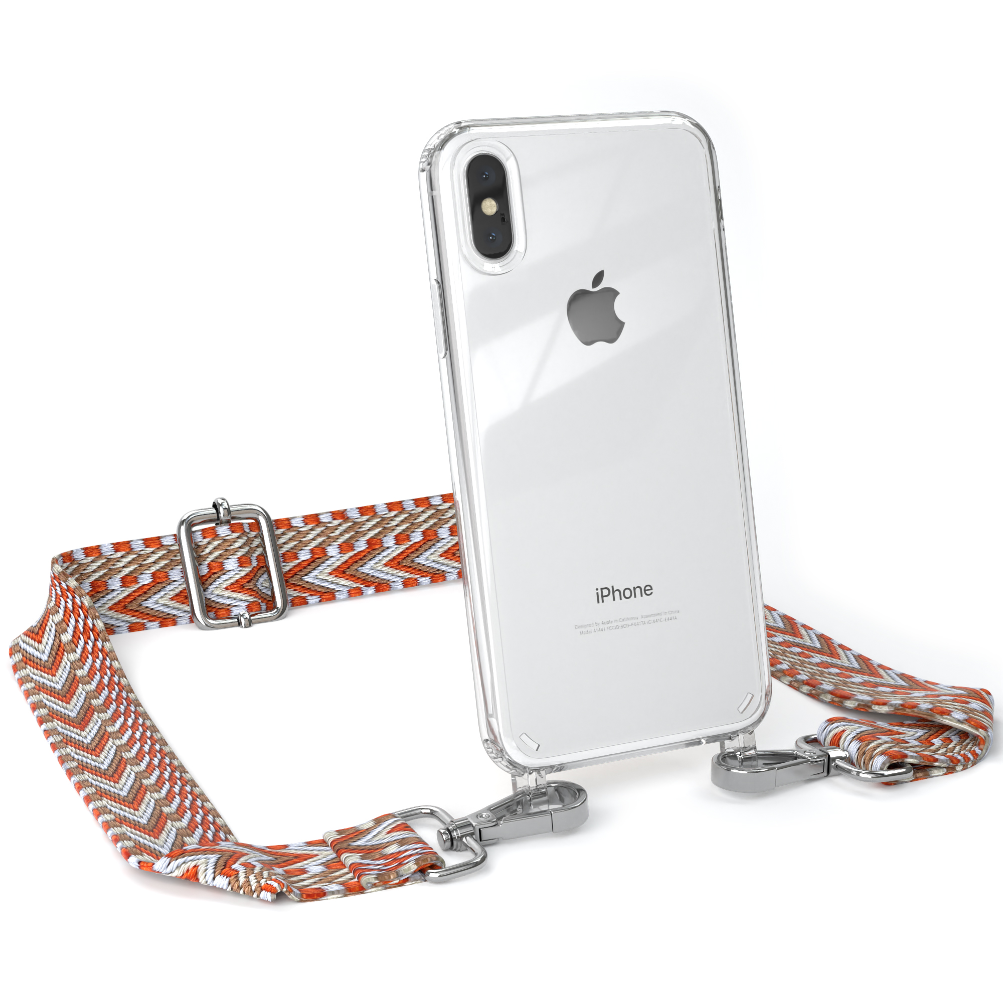 Transparente iPhone-Hülle mit Band. Das Band ist orange und weiß. Weißer Hintergrund.