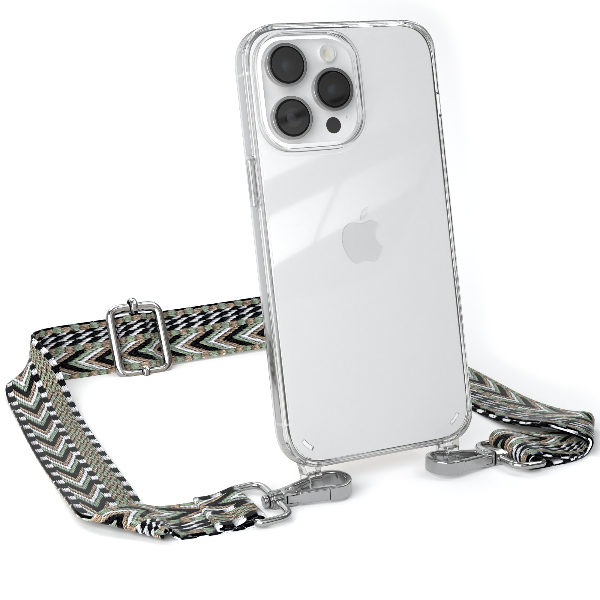 Transparente Handyhülle mit iPhone. Die Hülle hat einen bunten Riemen. Der Riemen ist grün, schwarz und weiß.