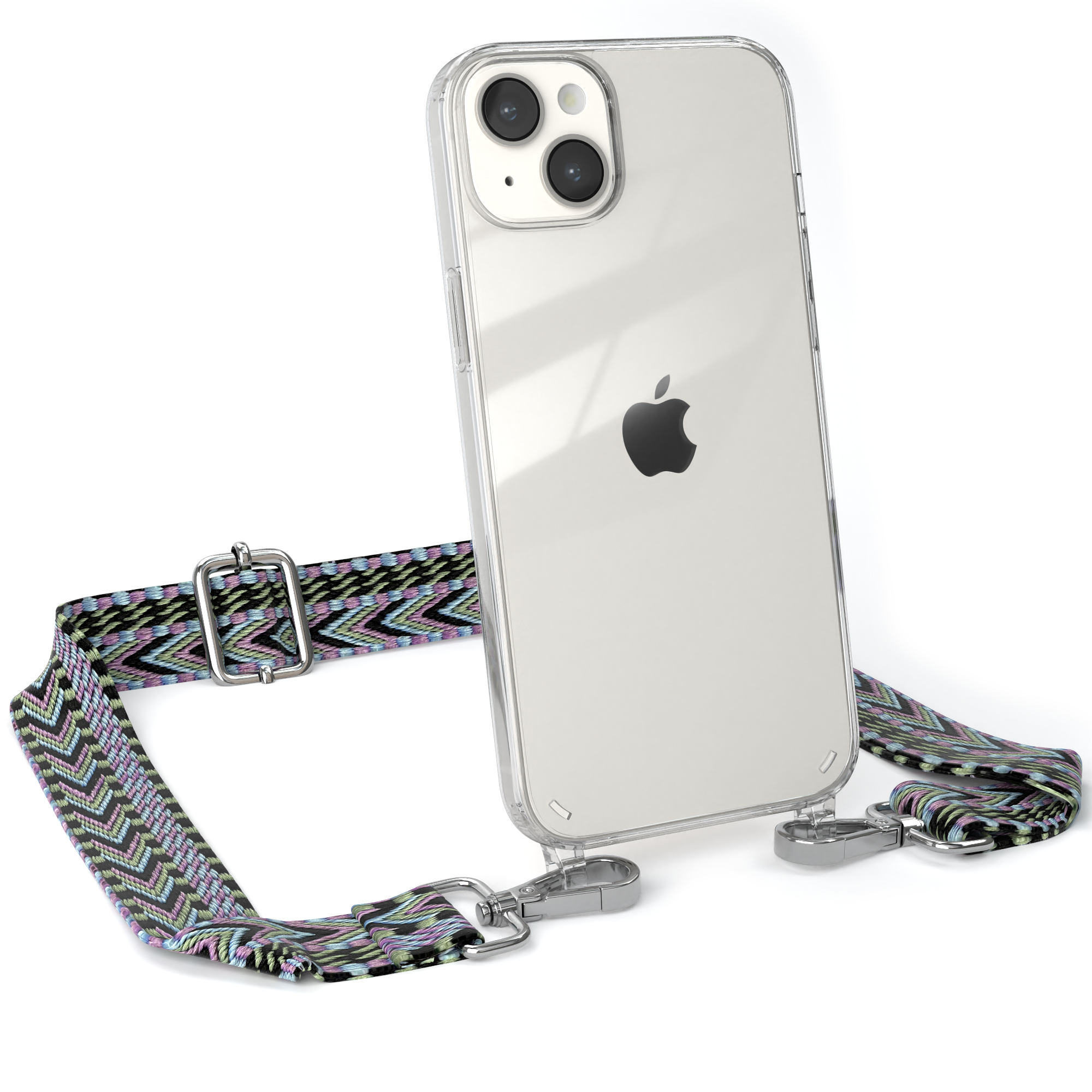 EAZY Apple, Kordel Boho iPhone Style, Handyhülle Transparente Grün 14 / mit Violett Umhängetasche, Plus, CASE